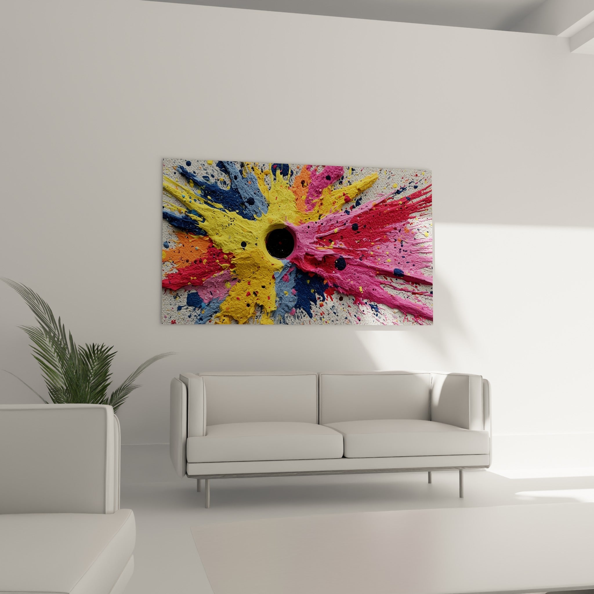 Jaillissement coloré rose et orange structurant ce tableau au-dessus d'un canapé dans un salon lumineux