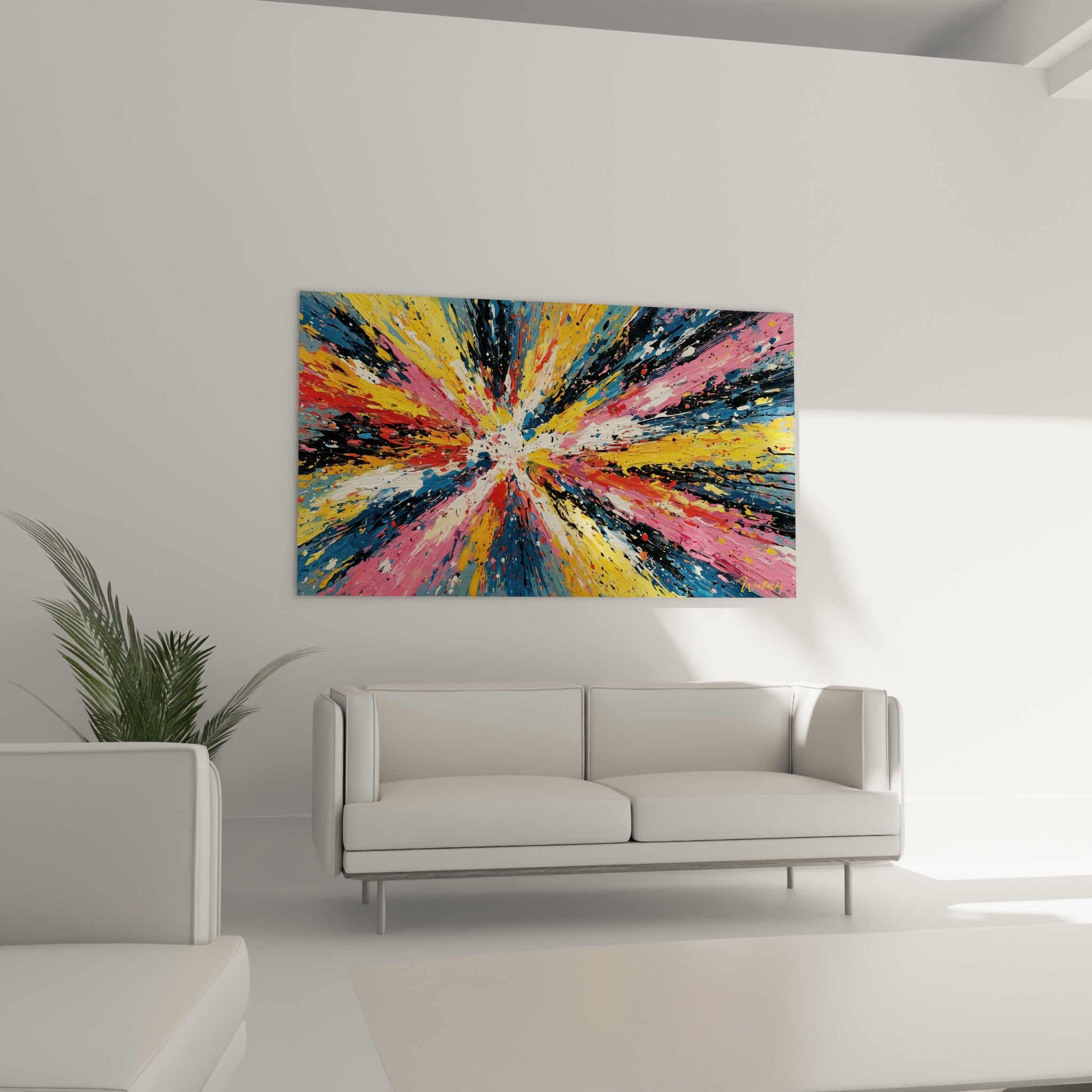 Éclats de bleu marine et rose du multicolore abstrait au-dessus d'un canapé dans un salon lumineux