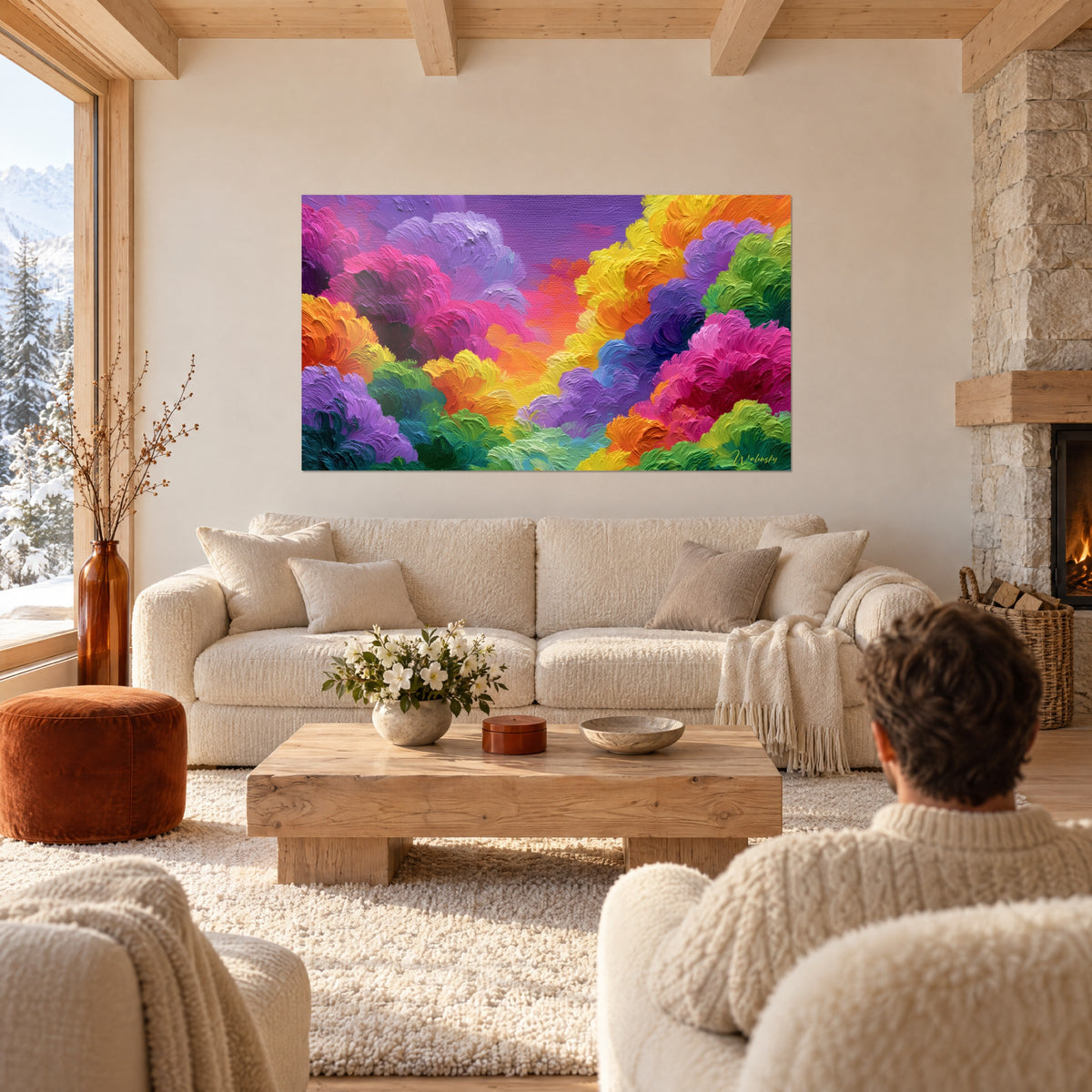 Cuadro de nubes de pasta púrpura y azafrán, pinceladas gruesas, sobre un sofá en un salón luminoso