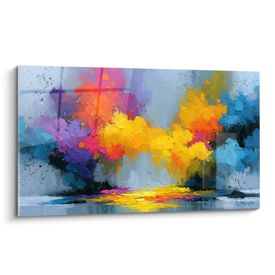 Explosion multicolore abstrait jaune safran et bleu ardoise en empâtements épais sur toile