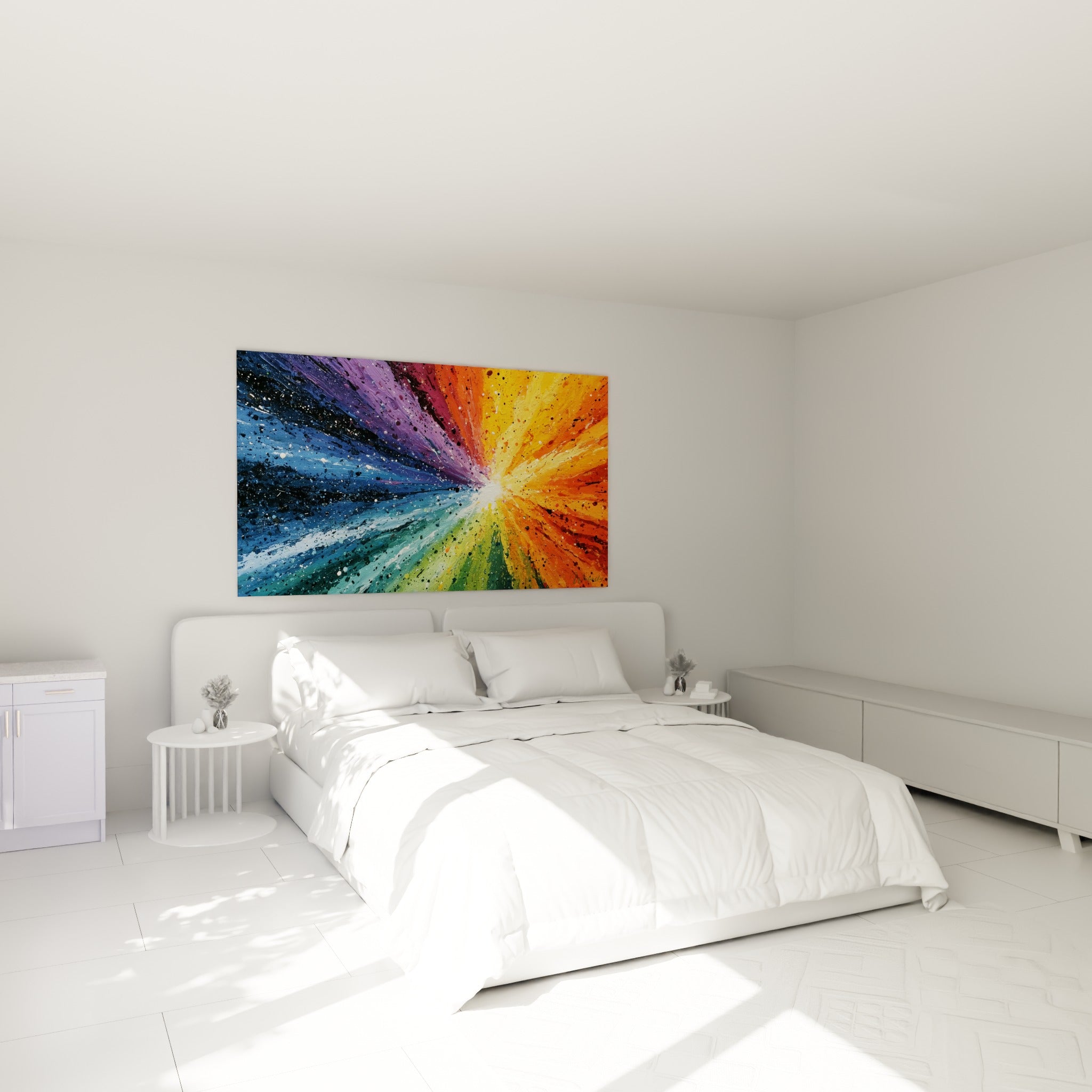 Rayons multicolore abstrait bleu marine et jaune doré au-dessus d'un lit dans une chambre claire