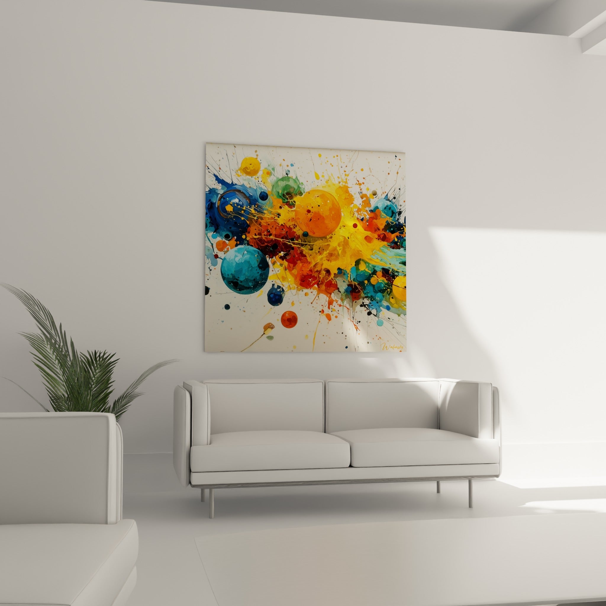 Sphères jaunes et anthracite en mouvement de ce tableau multicolore abstrait au-dessus d'un canapé dans un salon lumineux