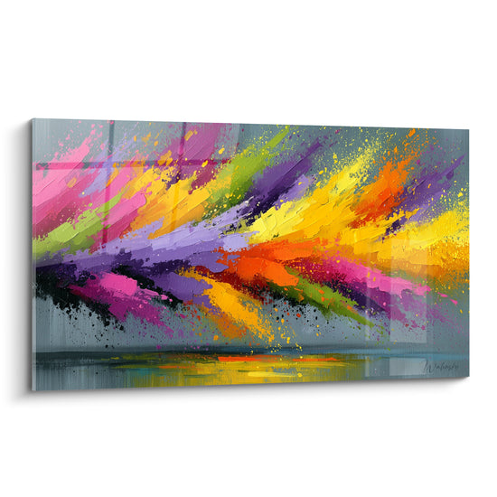 Explosion multicolore abstrait en jaune vif et violet profond sur fond gris anthracite texturé