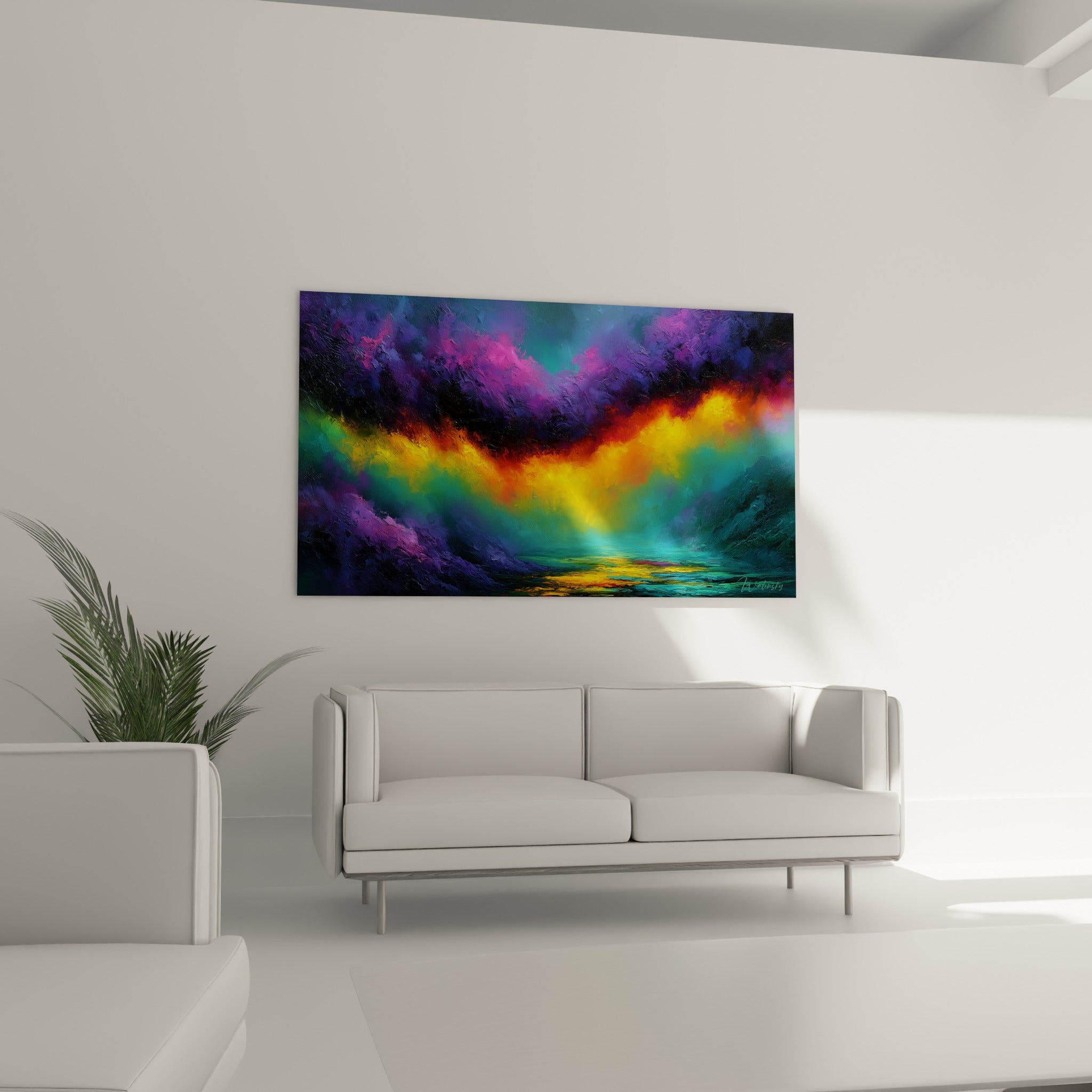 Diagonale lumineuse turquoise et orangée du tableau Multicolore abstrait, au-dessus d'un canapé dans un salon lumineux