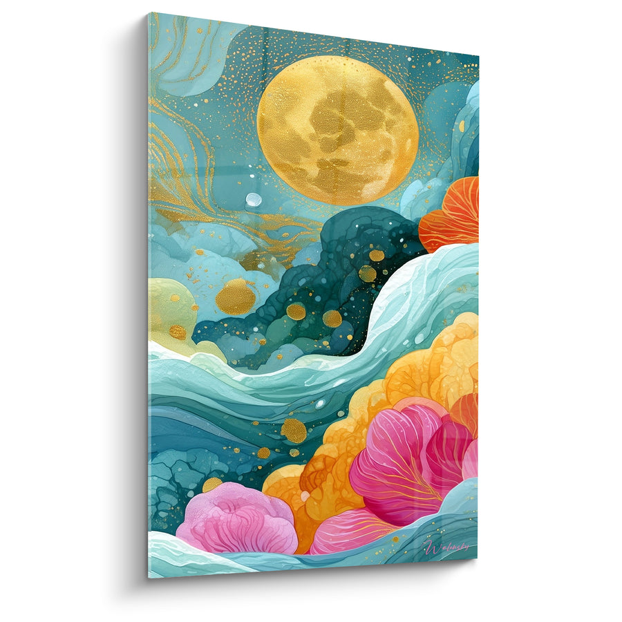 Tableau Lune dorée sur vagues turquoise et corail - Marée nocturne - Edition Multicolore abstrait