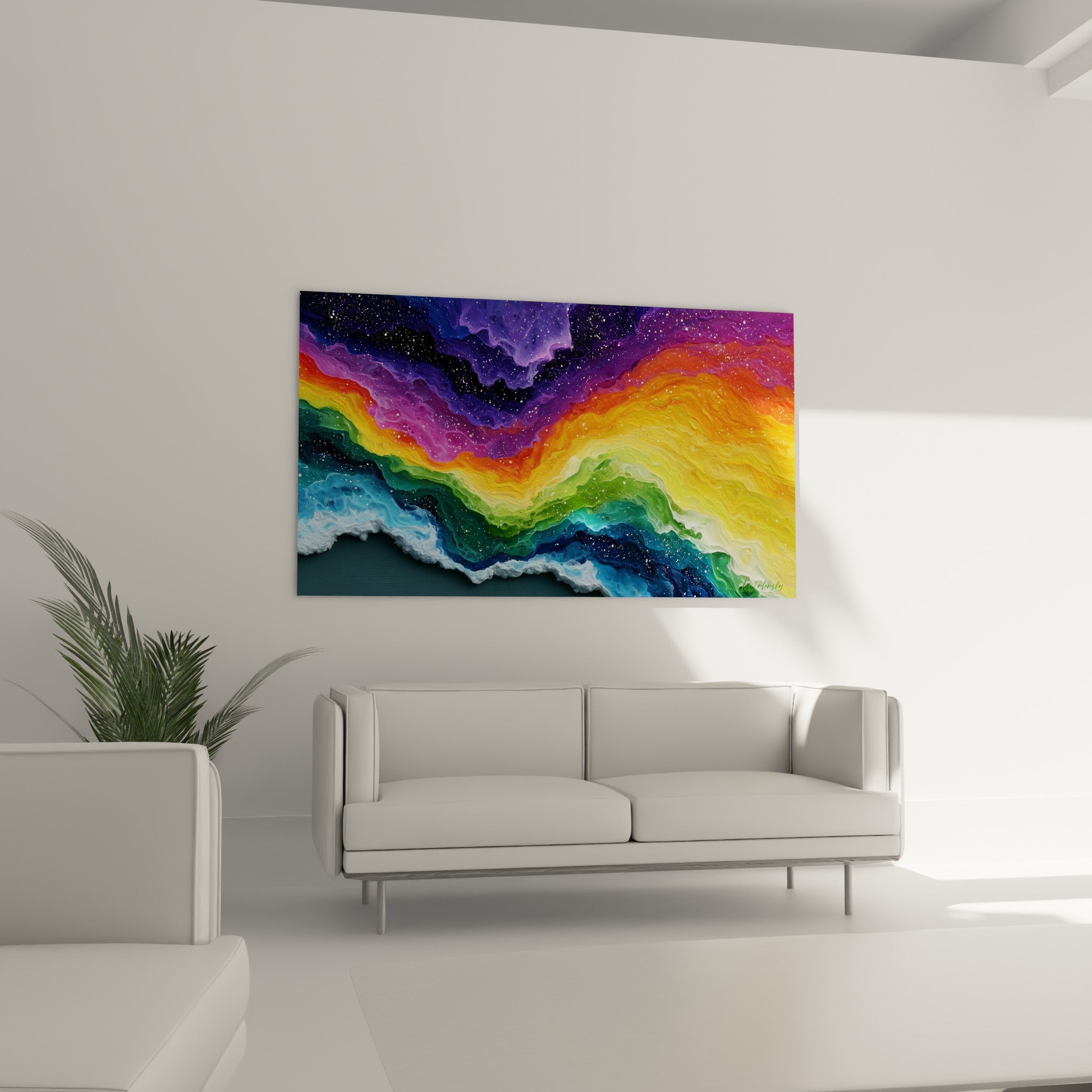 Dégradé fluide orange et bleu marine évoquant une marée cosmique, au-dessus d'un canapé dans un salon lumineux