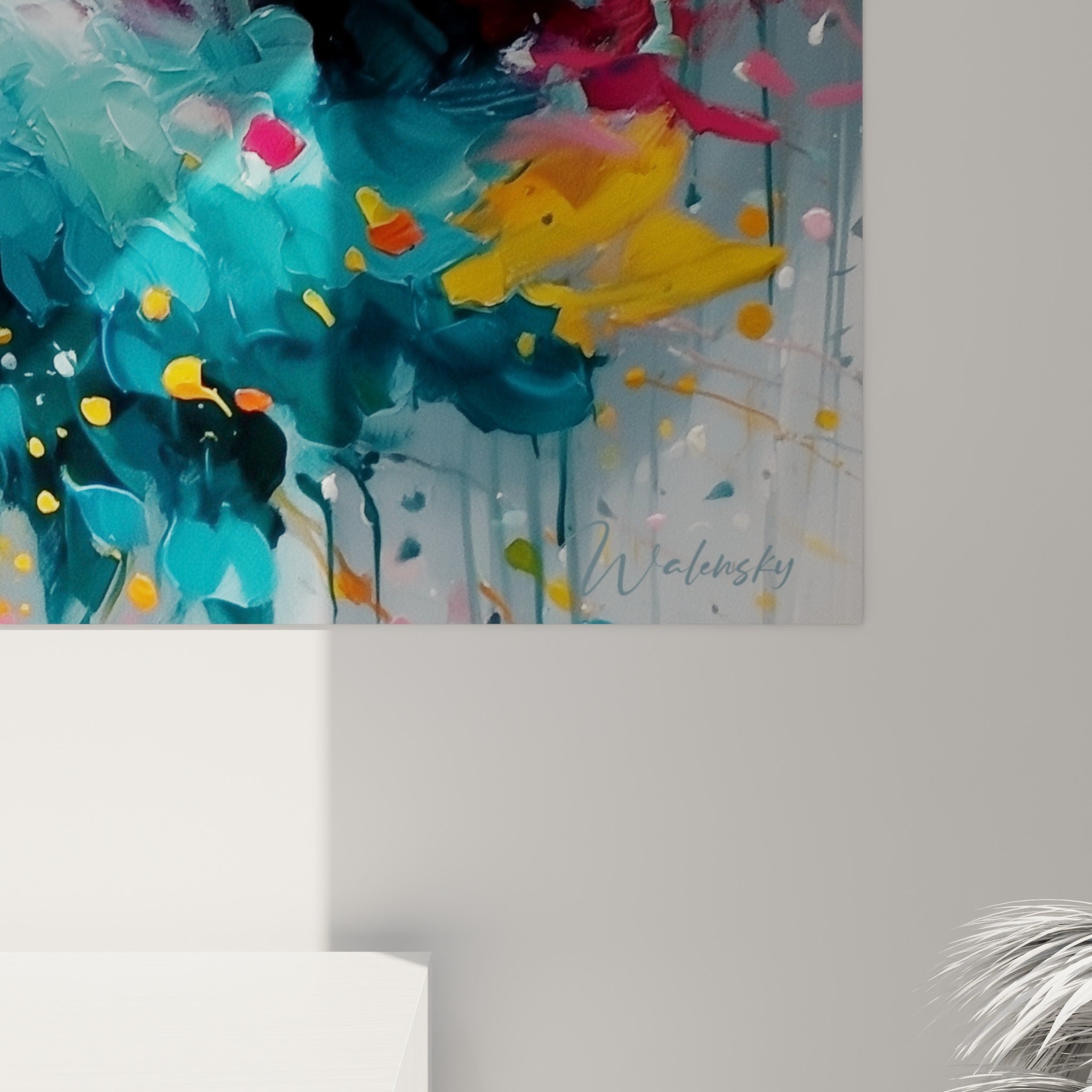 Empâtements épais mêlant orange, turquoise et blanc, matière texturée révélant le geste du pinceau
