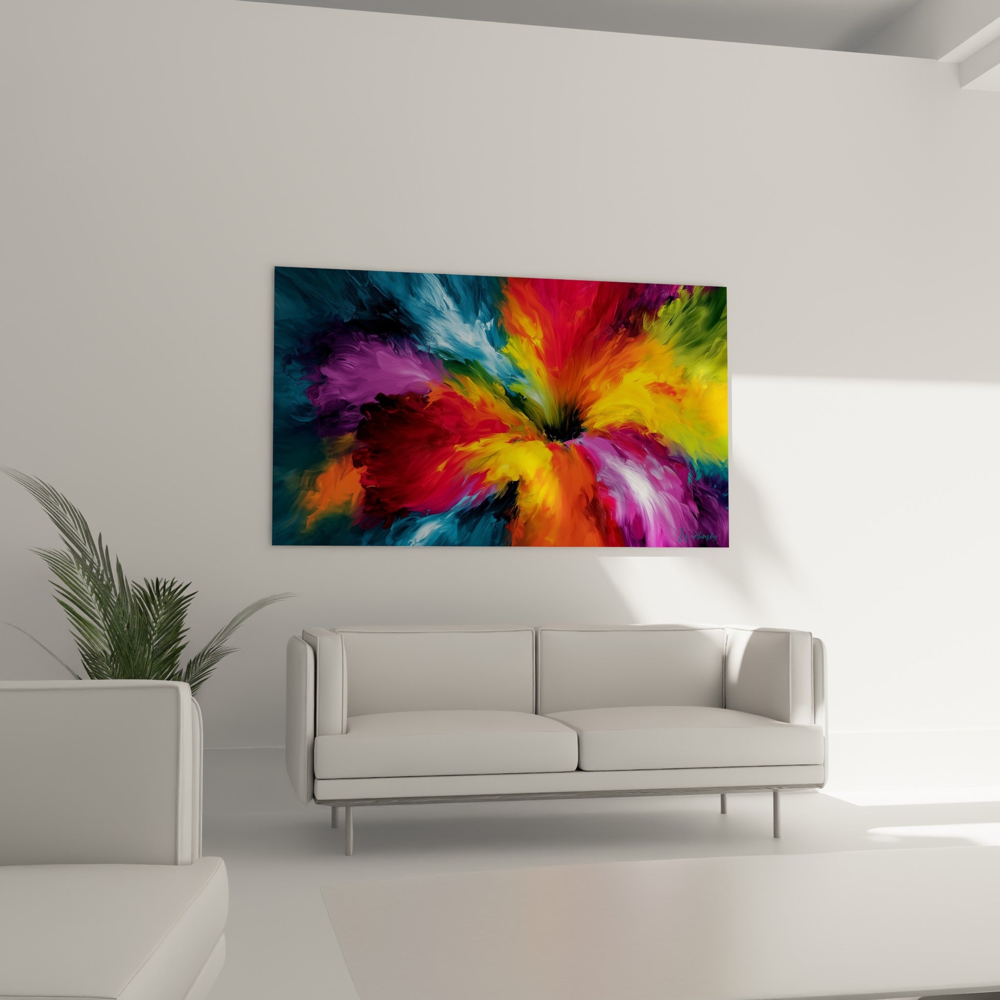 Motif floral orangé et violet en mouvement circulaire au-dessus d'un canapé dans un salon lumineux