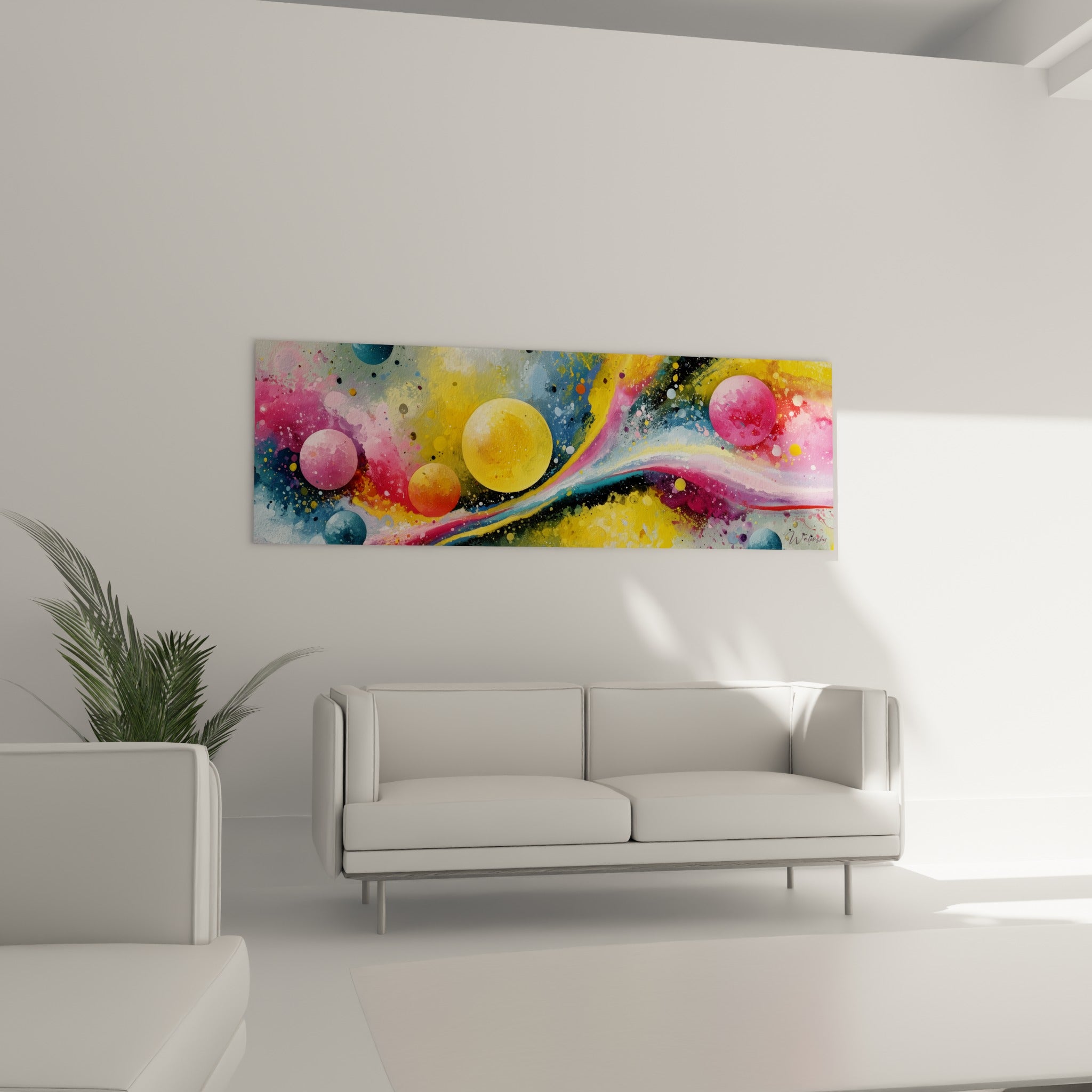 Nébuleuse de sphères dorées et roses, tableau Multicolore abstrait au-dessus d'un canapé dans un salon lumineux