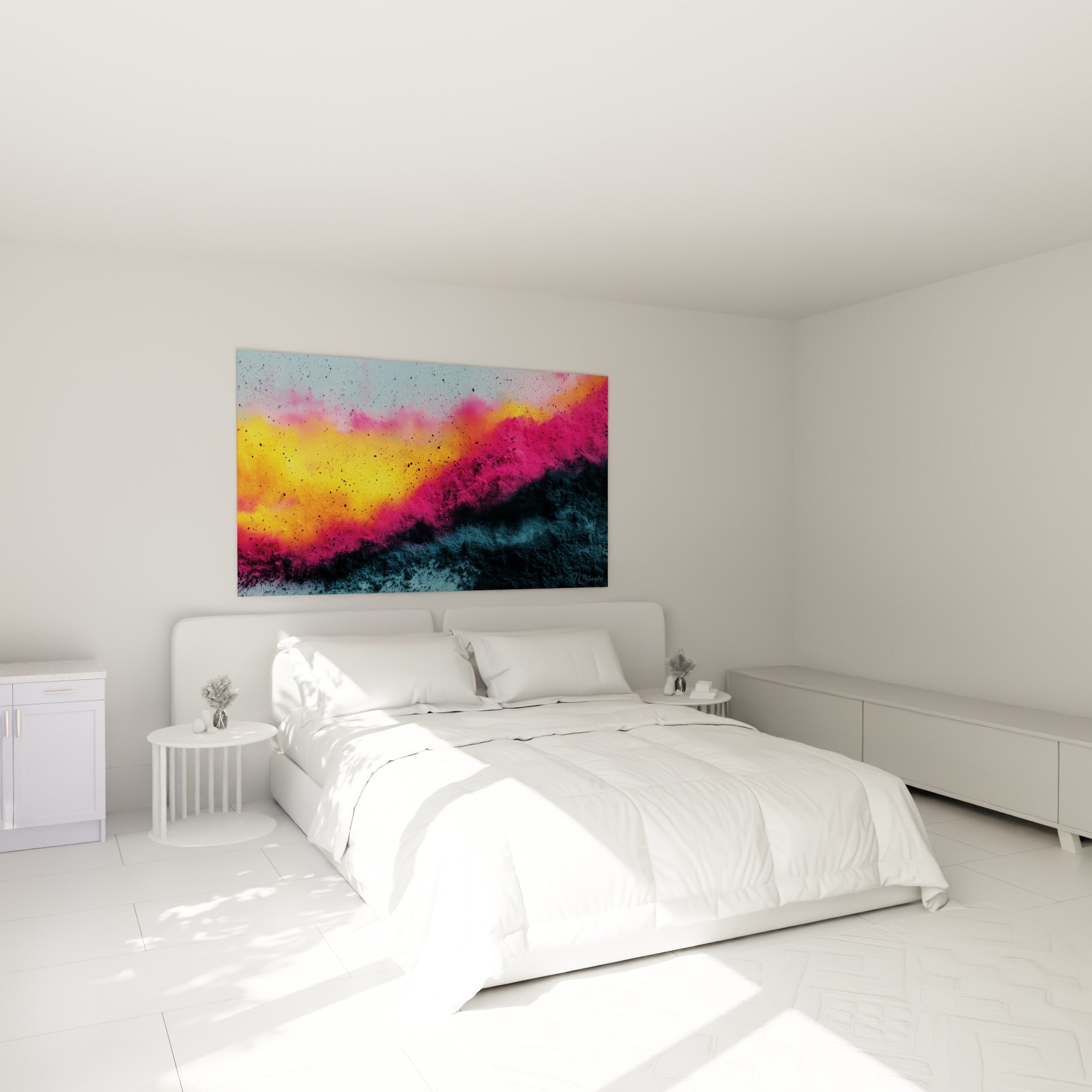 Nuage coloré orange et rose fuchsia se déployant en diagonale, accroché au-dessus d'un lit dans une chambre claire