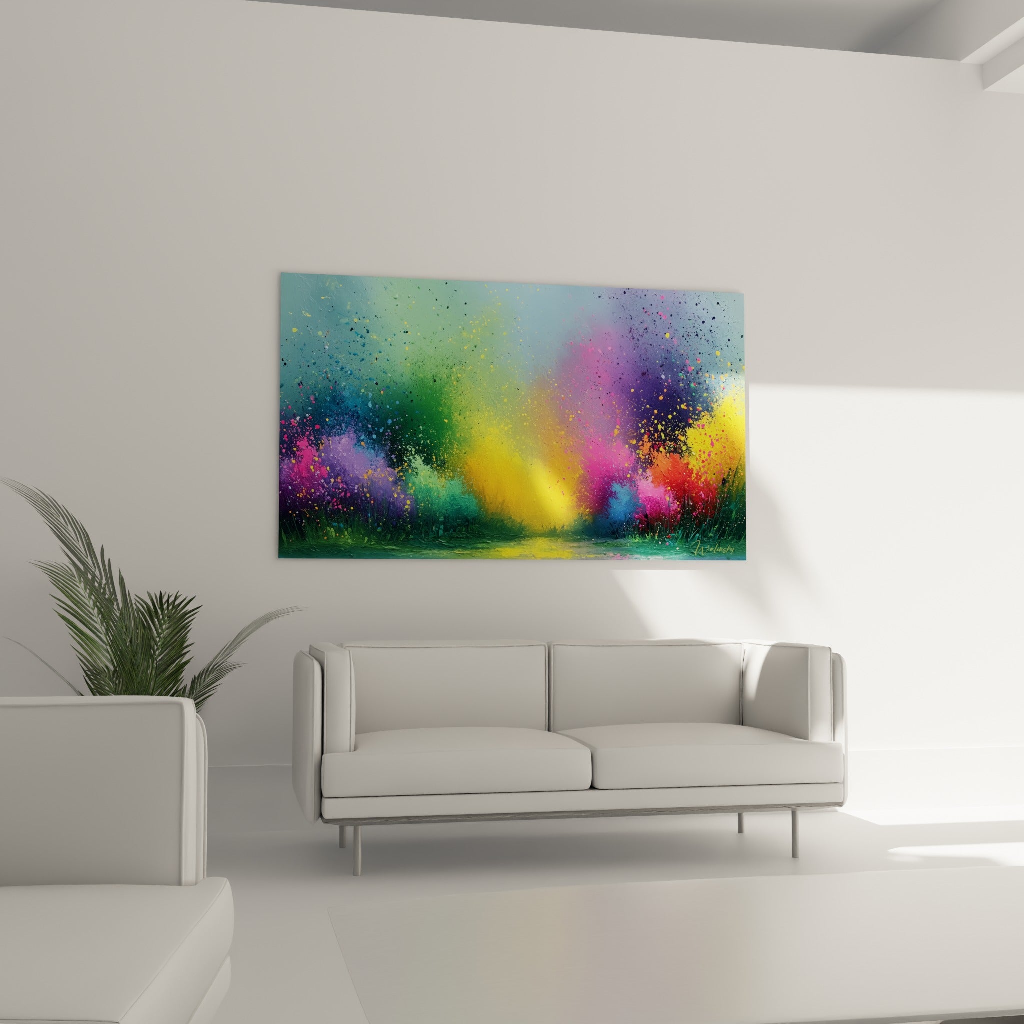 Nuage de couleurs vertes et fuchsia d'une composition abstraite au-dessus d'un canapé dans un salon lumineux