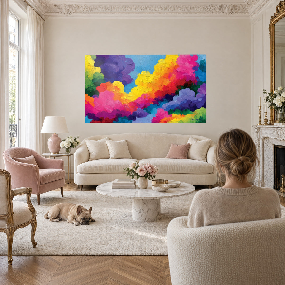 Schilderij met vale wolken in roze en gele impasto, hemelsblauw, koppel van achteren en bulldog, boven een bank in een lichte woonkamer