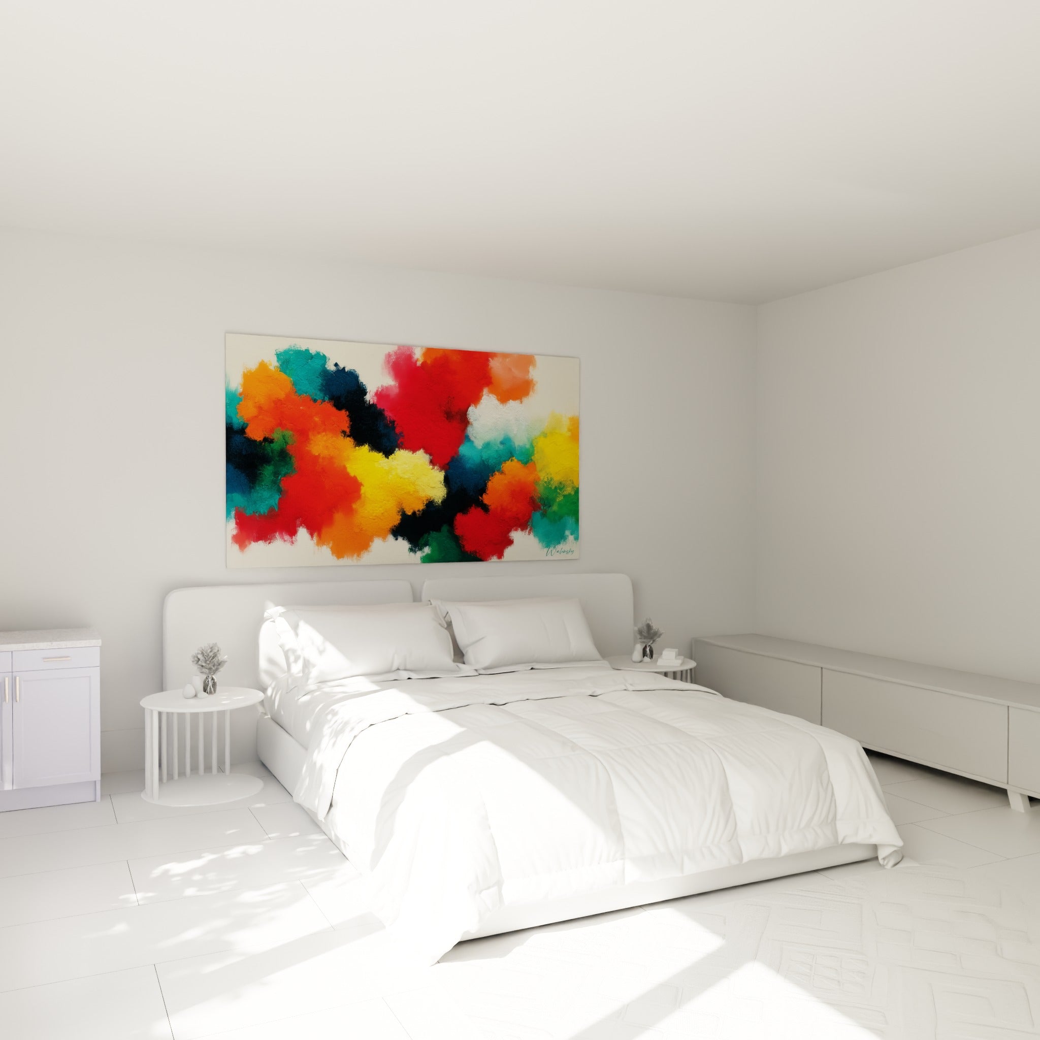 Éclats de rouge et de jaune doré fusionnant en nuages, au-dessus d'un lit dans une chambre claire