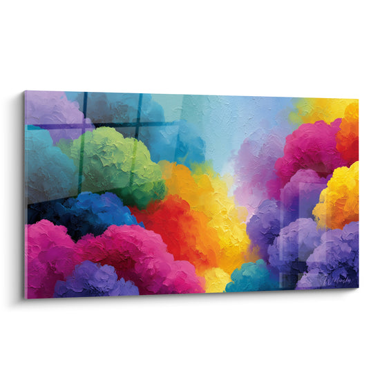 Nuées de peinture rose fuchsia, doré et bleu ciel formant un tableau multicolore abstrait texturé