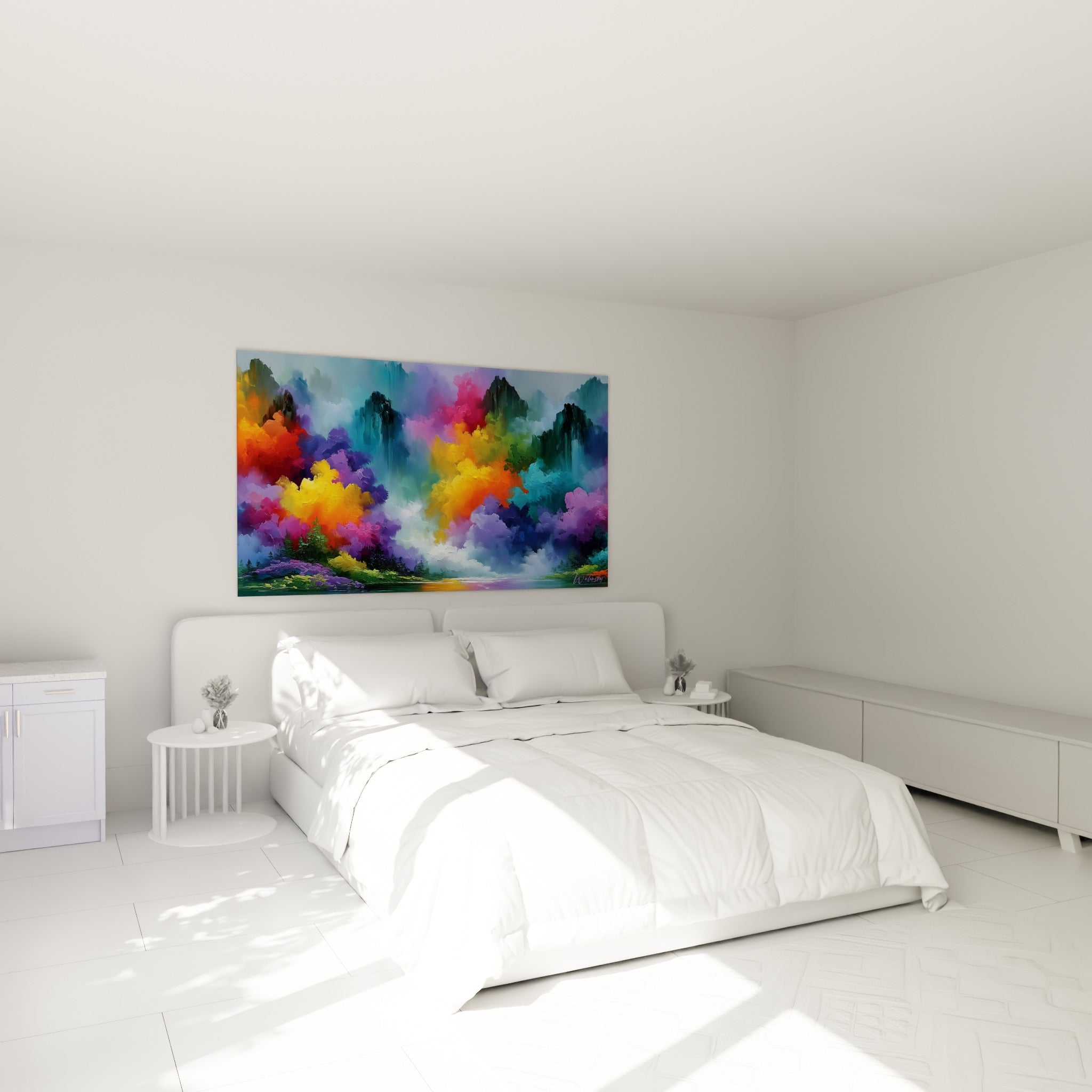 Nuées colorées orange et magenta d'un tableau multicolore abstrait, au-dessus d'un lit dans une chambre claire