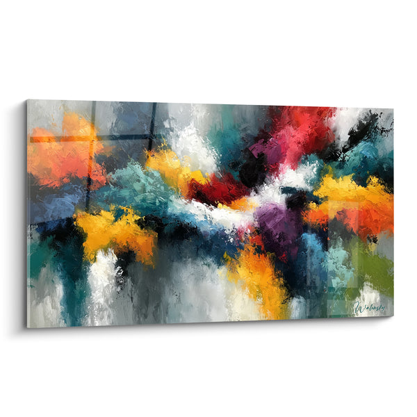 Tableau Explosion de touches ocre et bleu pétrole - Éclaircie soudaine - Edition Multicolore abstrait