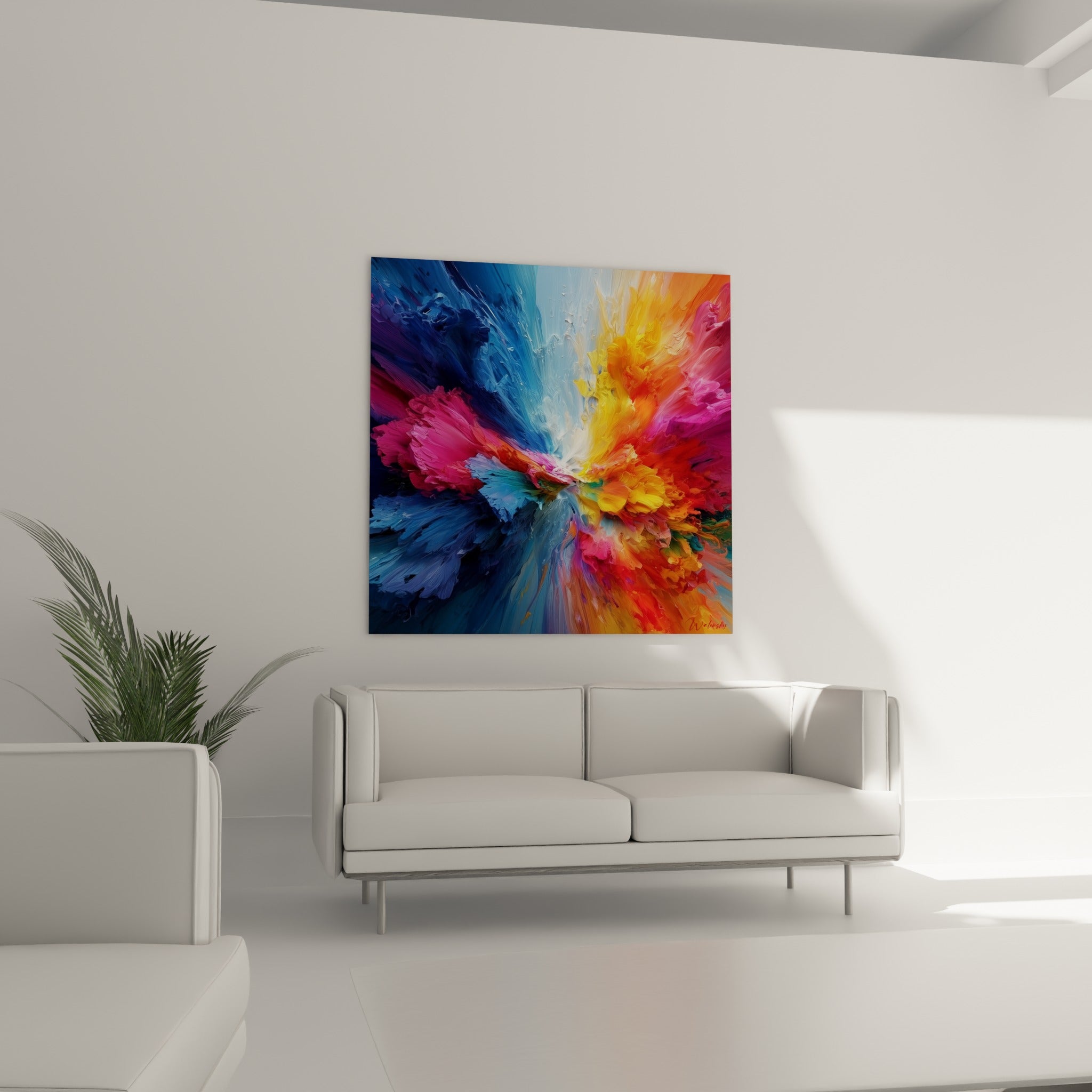 Déflagration Multicolore abstrait orangé et bleu marine au-dessus d'un canapé dans un salon lumineux