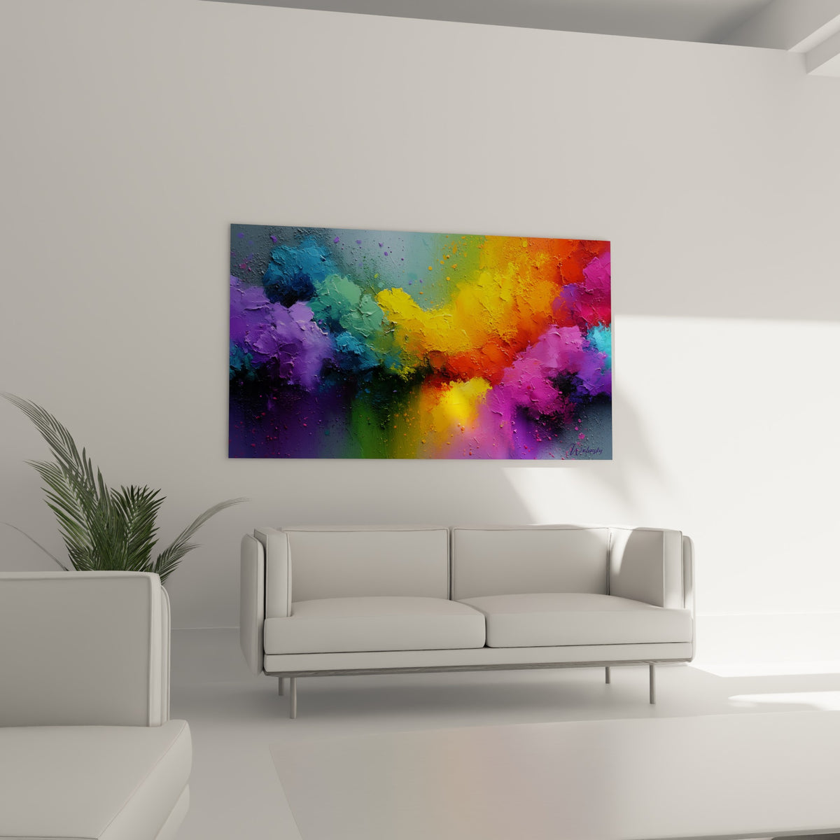 Éclats de couleurs orange, jaune et fuchsia du tableau Multicolore abstrait, au-dessus d'un canapé dans un salon lumineux