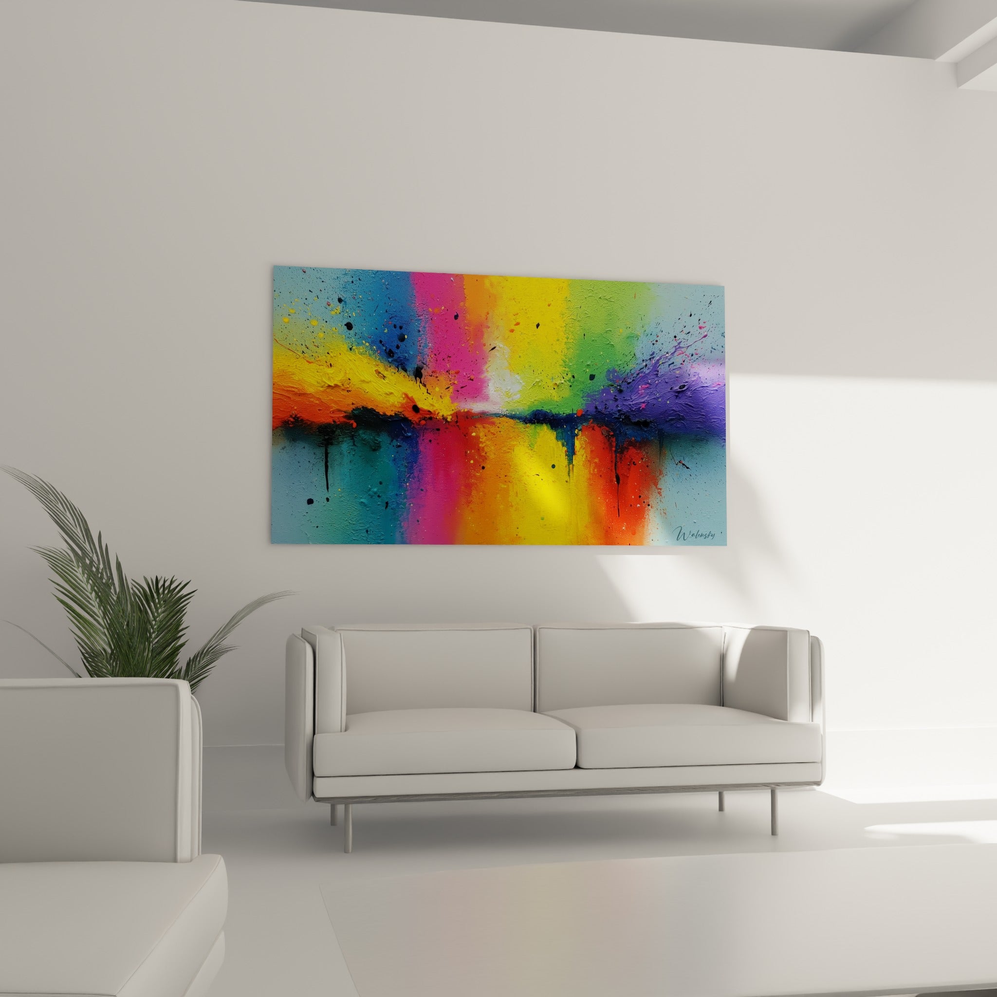 Toile multicolore aux teintes orange et vertes au-dessus d'un canapé dans un salon lumineux