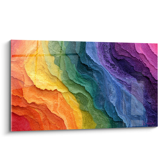 Tableau multicolore abstrait aux dégradés orange, vert et violet en vagues texturées fluides
