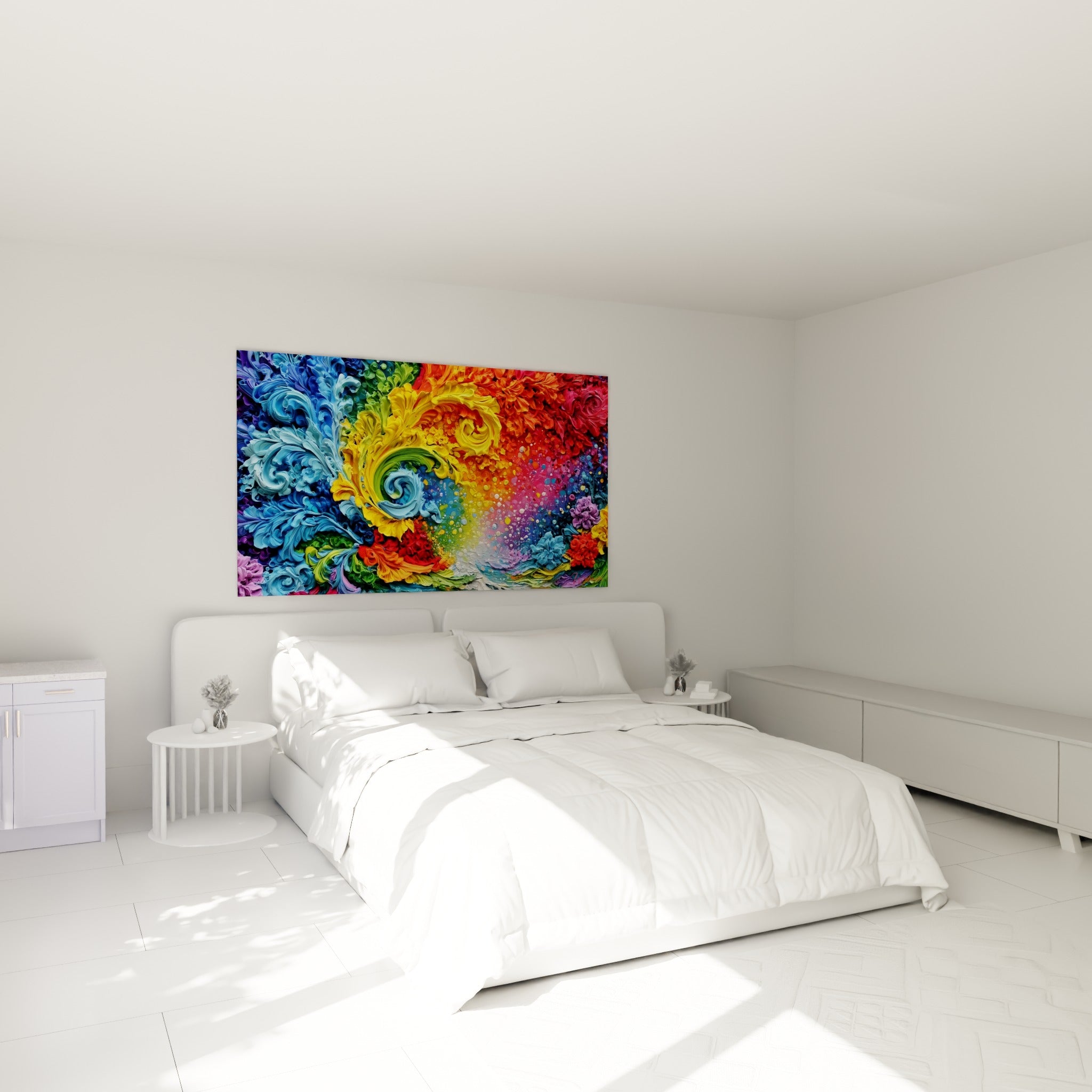 Explosion de pétales bleus et rouge cerise, tableau multicolore abstrait au-dessus d'un lit dans une chambre claire