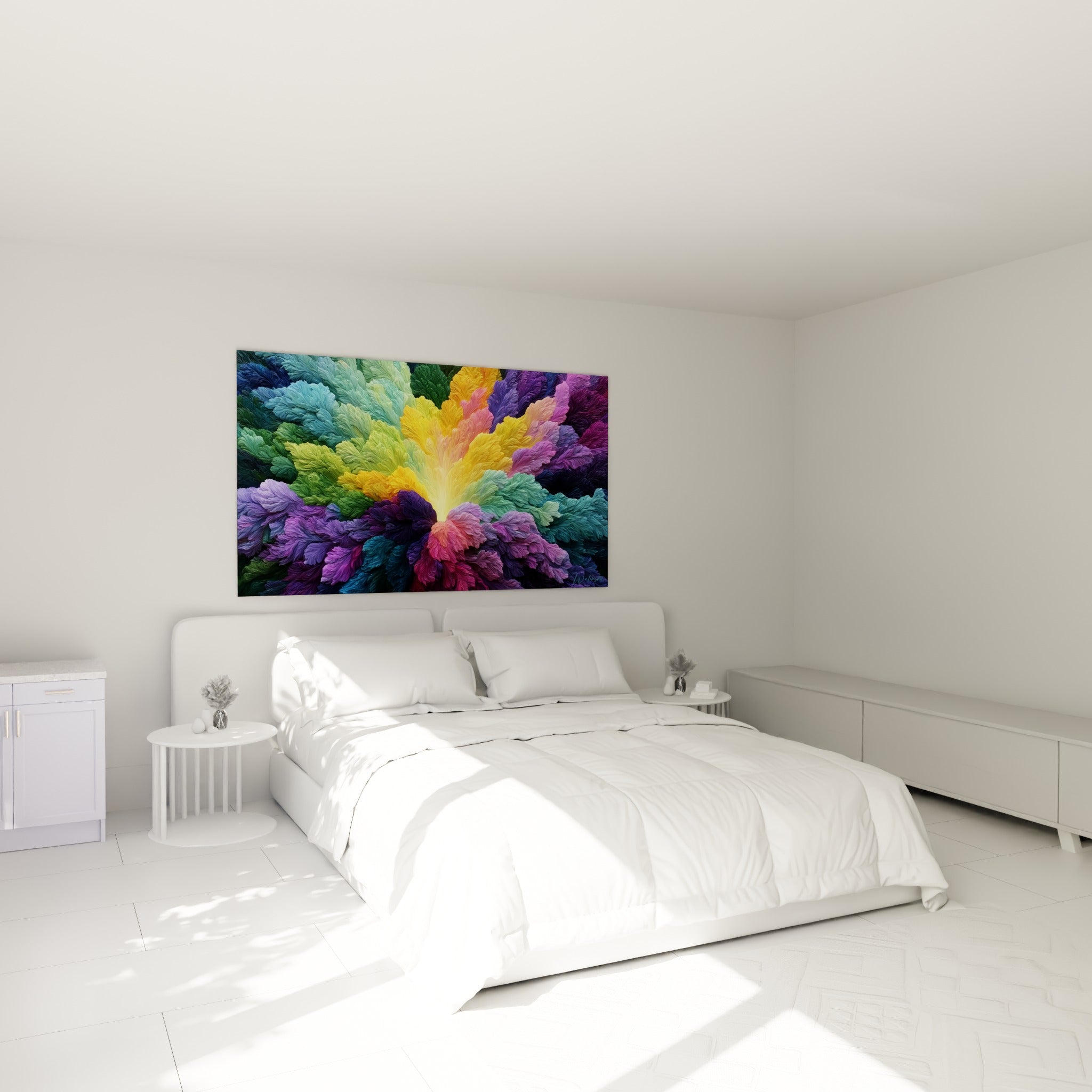 Gerbe de pétales turquoise et magenta illuminée au-dessus d'un lit dans une chambre claire