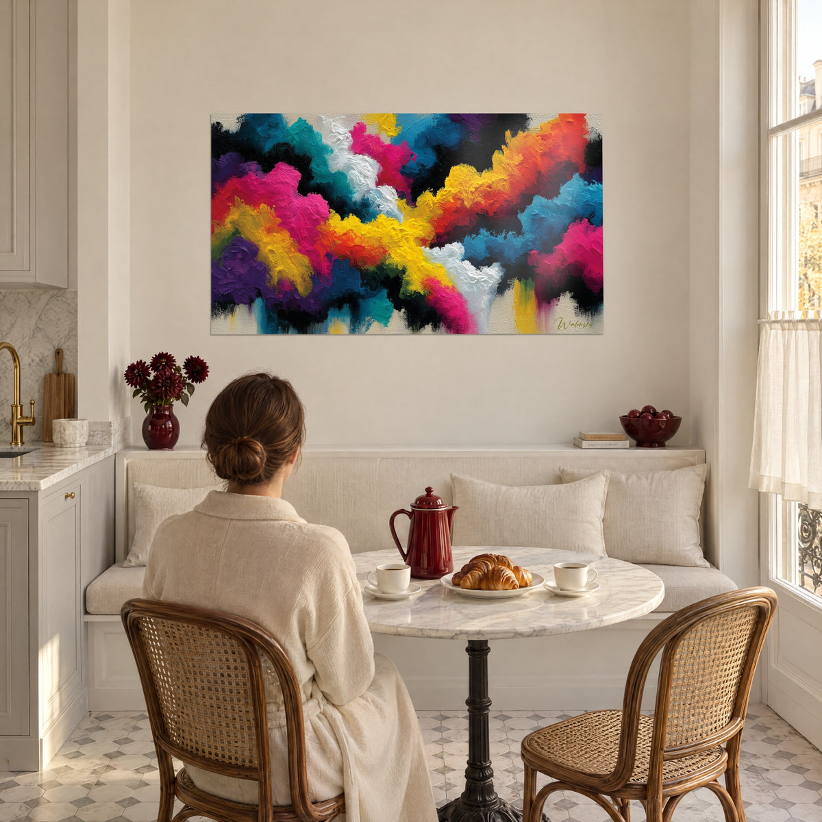 Schilderij massa's mosterdgele en fuchsia verf met spatelreliëf, tegenover een Parijse ontbijttafel