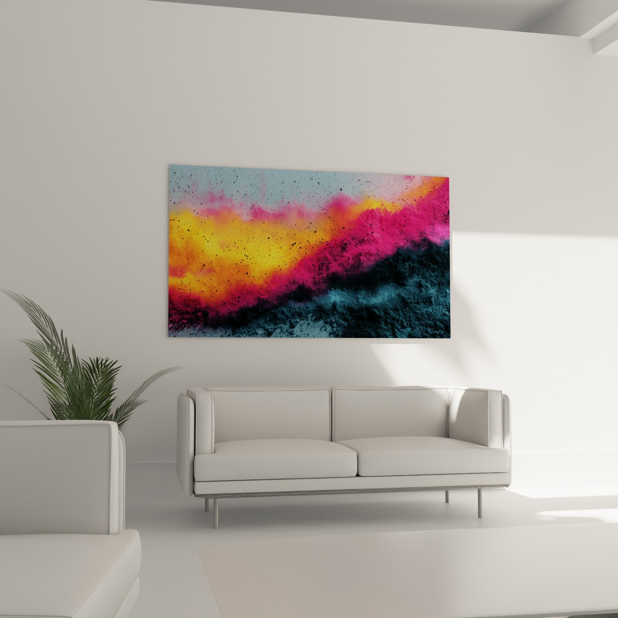 Pigments orangés et fuchsia se mêlant au bleu profond, disposés au-dessus d'un canapé dans un salon lumineux