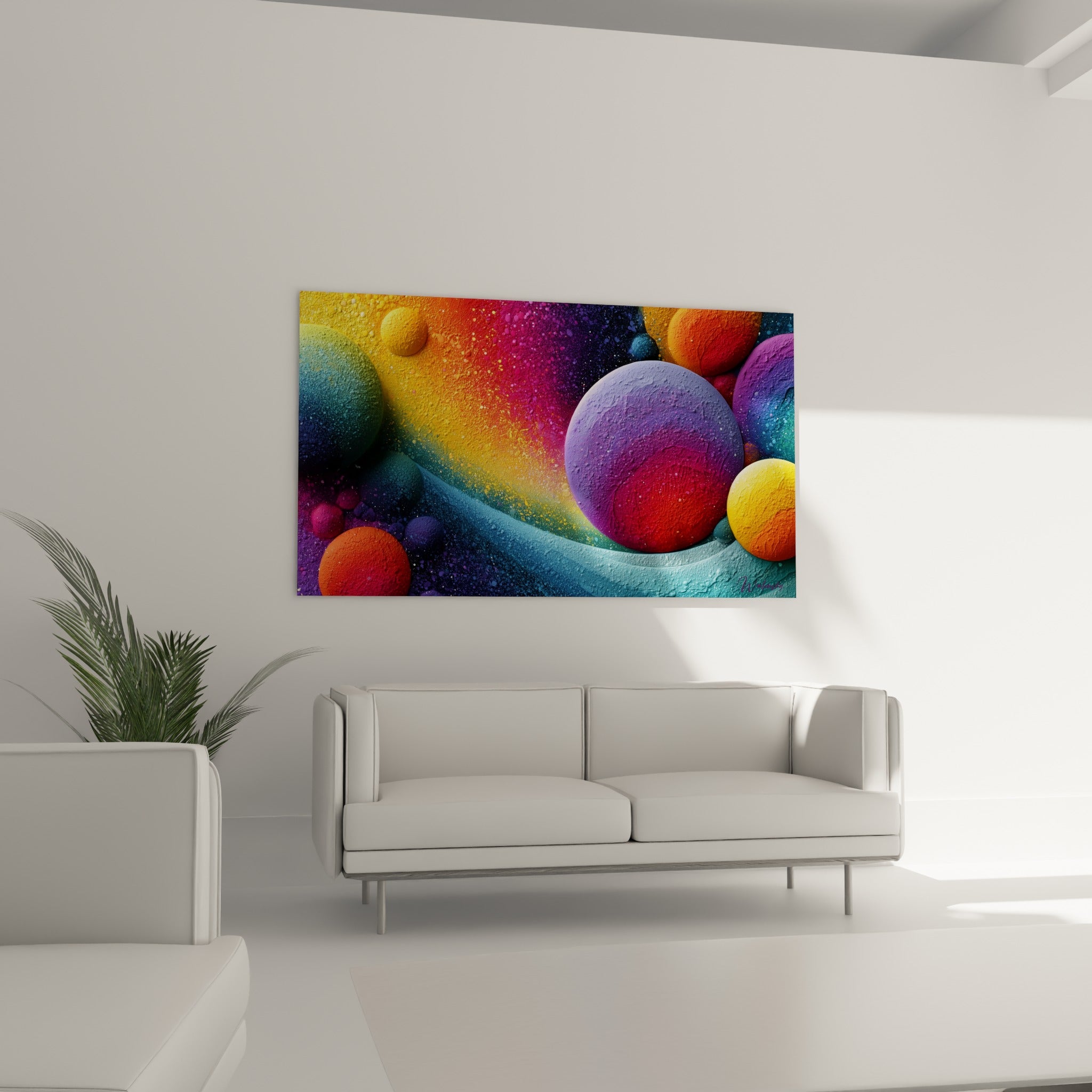 Planètes stylisées violettes et bleu turquoise animent ce tableau Multicolore abstrait au-dessus d'un canapé dans un salon lumineux