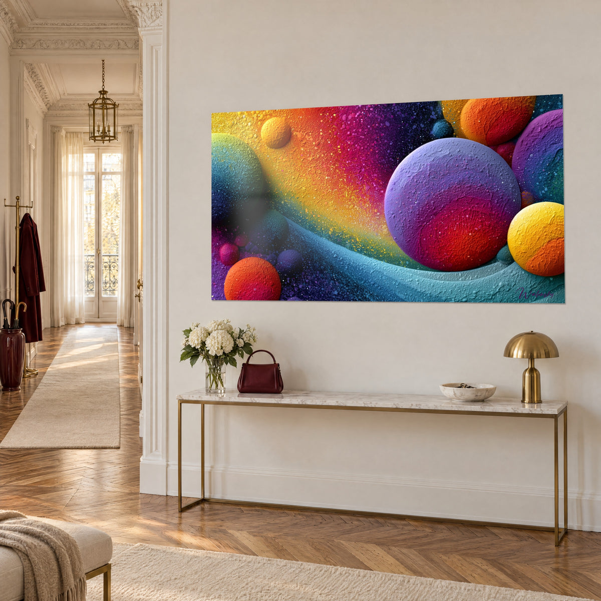Tableau planètes orangées et lilas poudrées de grains dorés sur vague turquoise, console dorée, mur haussmannien blanc