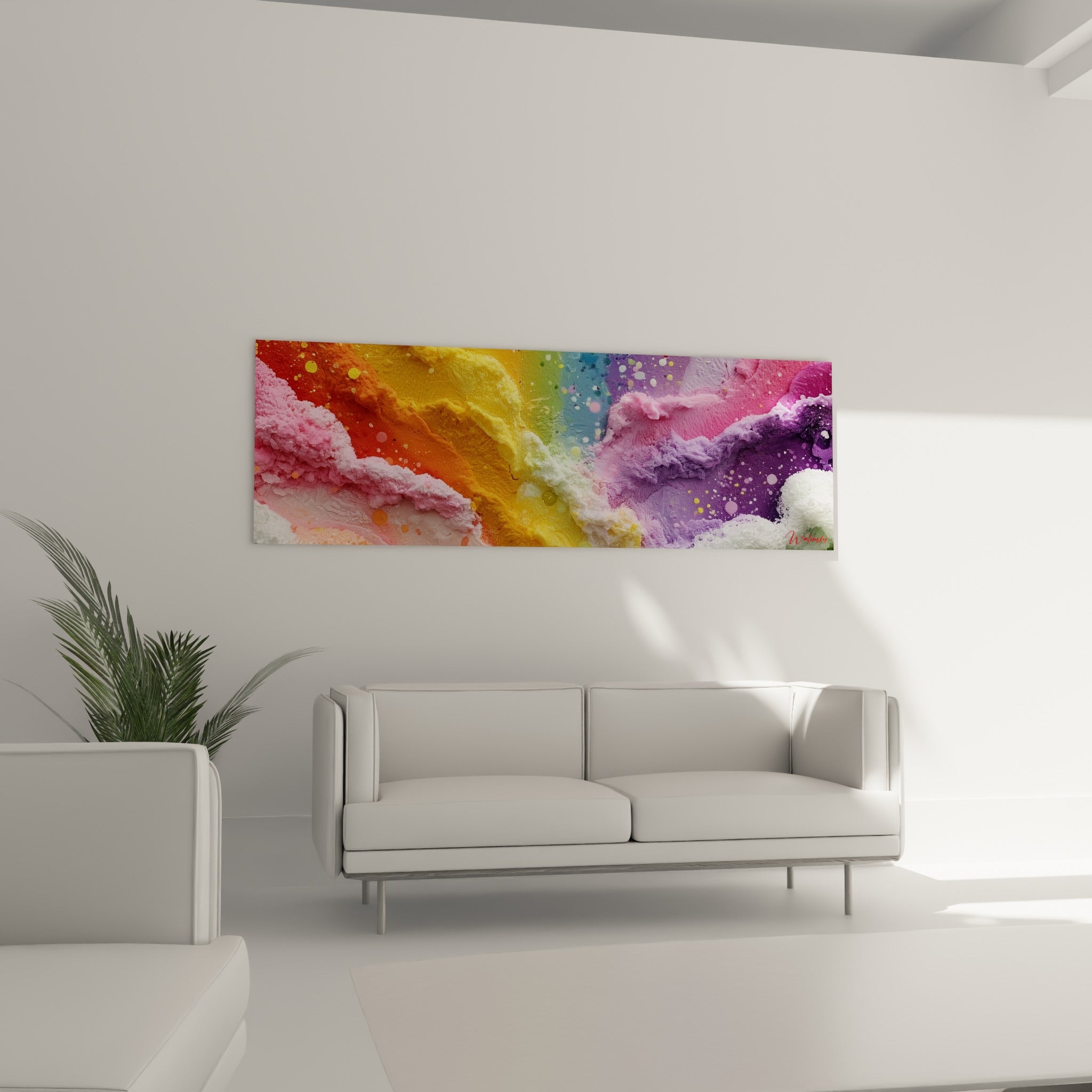 Reliefs colorés orangés et violets d'une matière gourmande, tableau accroché au-dessus d'un canapé dans un salon lumineux