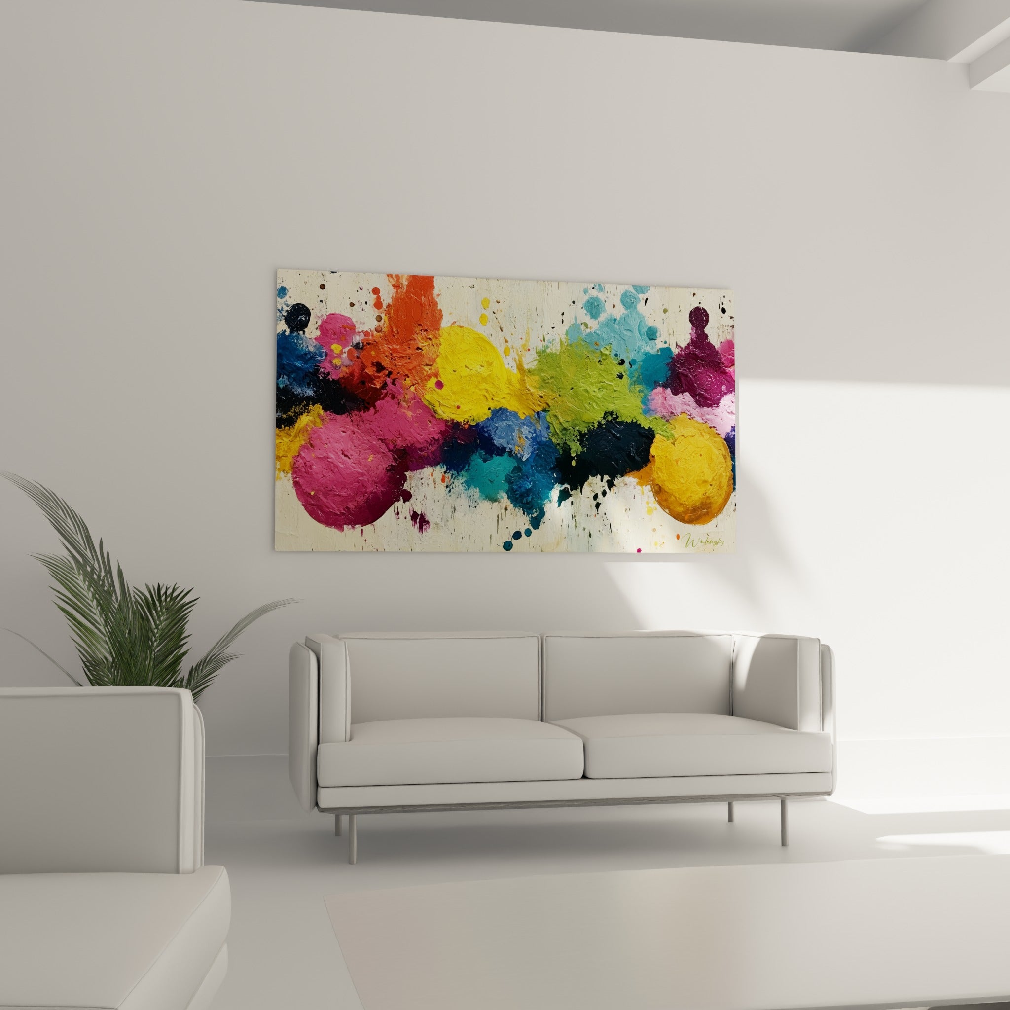 Formes rose magenta et dorées en relief épais installées au-dessus d'un canapé dans un salon lumineux