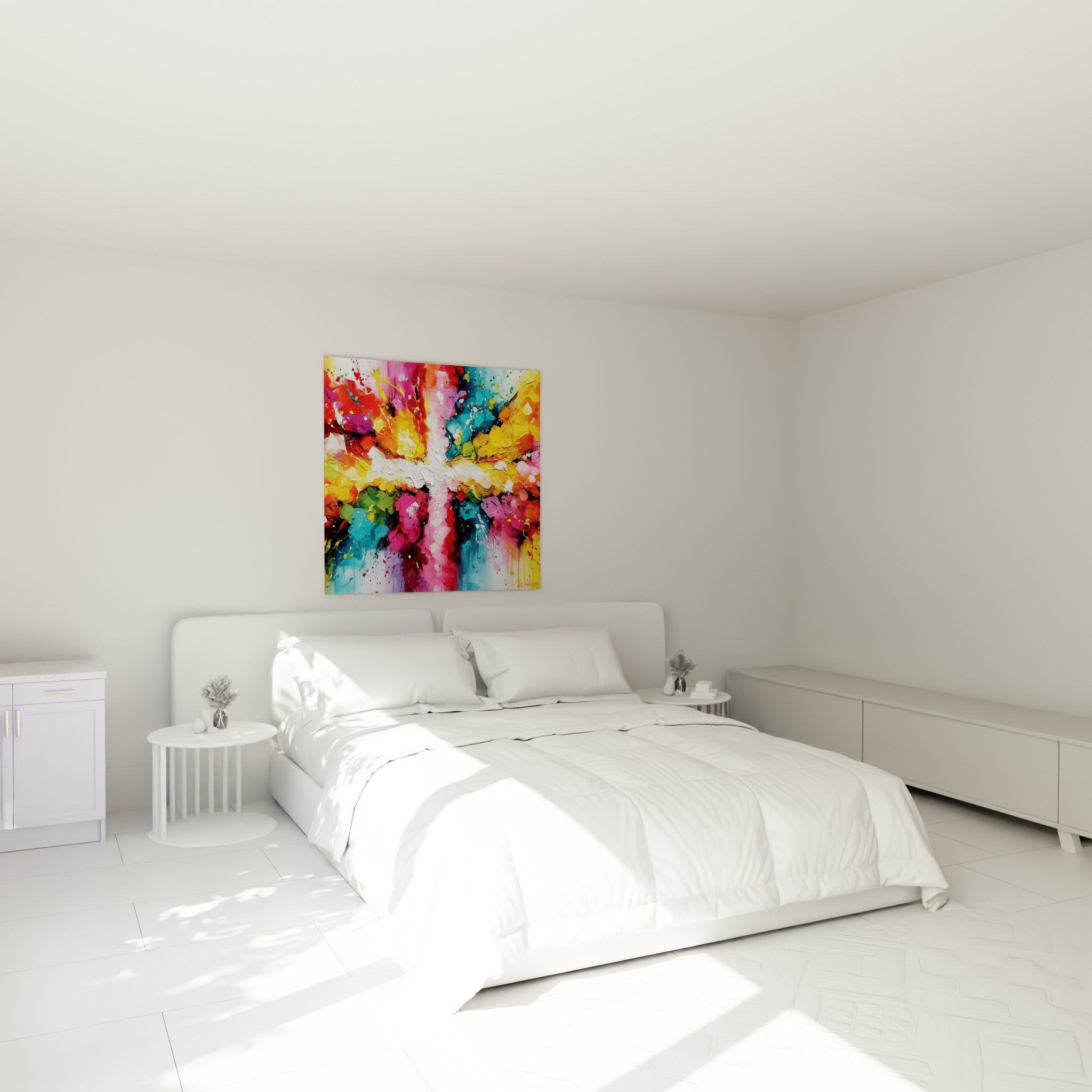 Éclaboussures dorées et roses de ce tableau abstrait accrochées au-dessus d'un lit dans une chambre claire