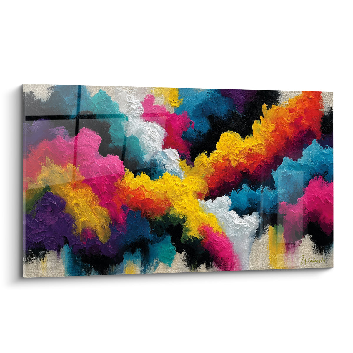 Nuées de peinture rose fuchsia et jaune safran en empâtements épais sur toile abstraite lumineuse