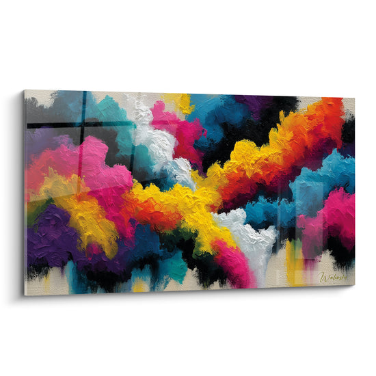 Nuées de peinture rose fuchsia et jaune safran en empâtements épais sur toile abstraite lumineuse
