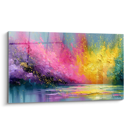 Explosion de couleurs rose, jaune et violette sur toile texturée, style abstrait gestuel intense