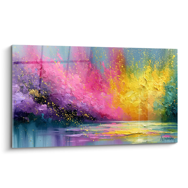 Tableau Rivage embrasé rose et jaune aux éclaboussures dorées - Reflets sur l'eau calme - Edition Multicolore abstrait