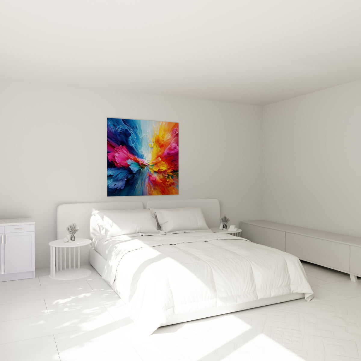 Tourbillon Multicolore abstrait rose et turquoise au-dessus d'un lit dans une chambre claire