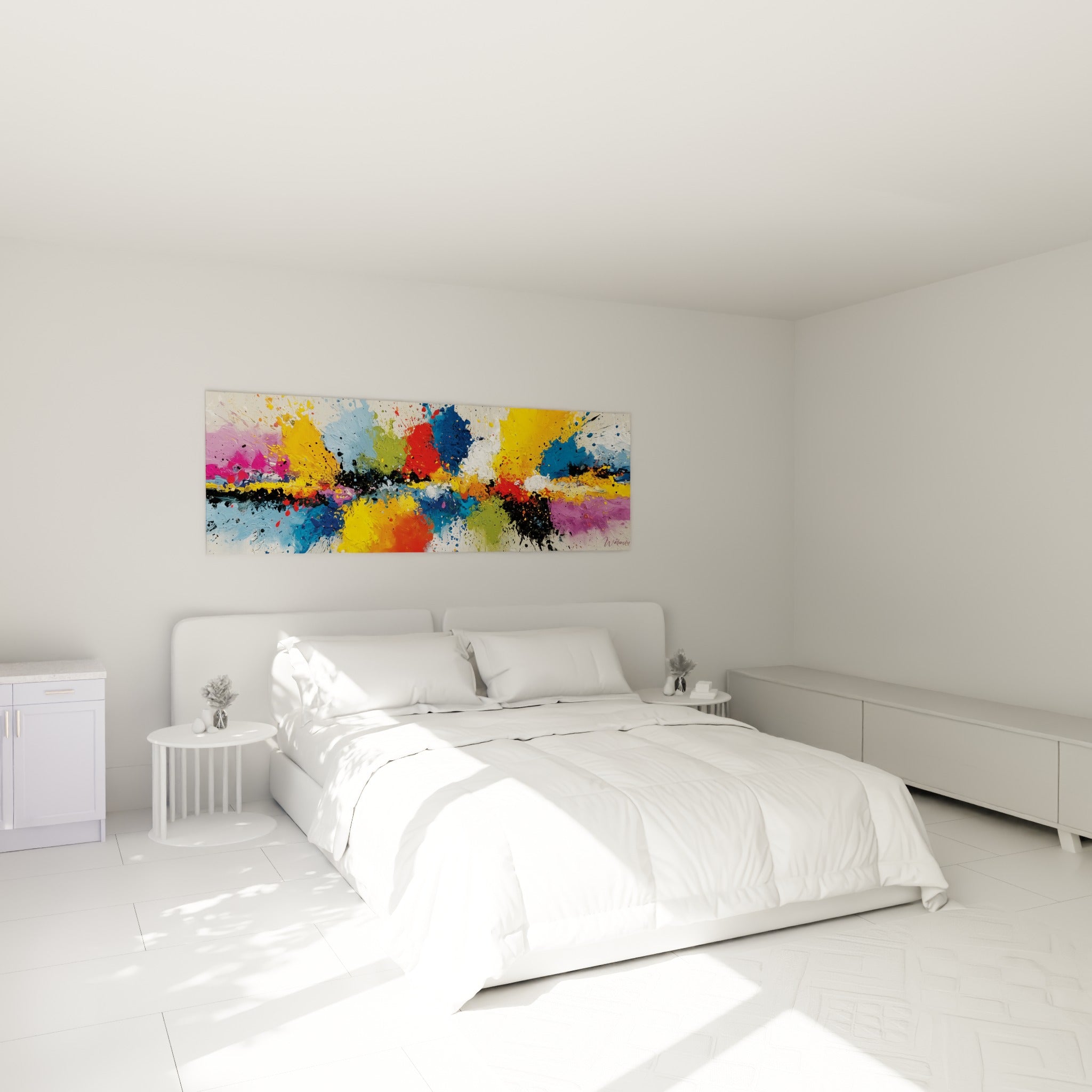 Explosion colorée bleu marine et rouge du tableau multicolore abstrait au-dessus d'un lit dans une chambre claire