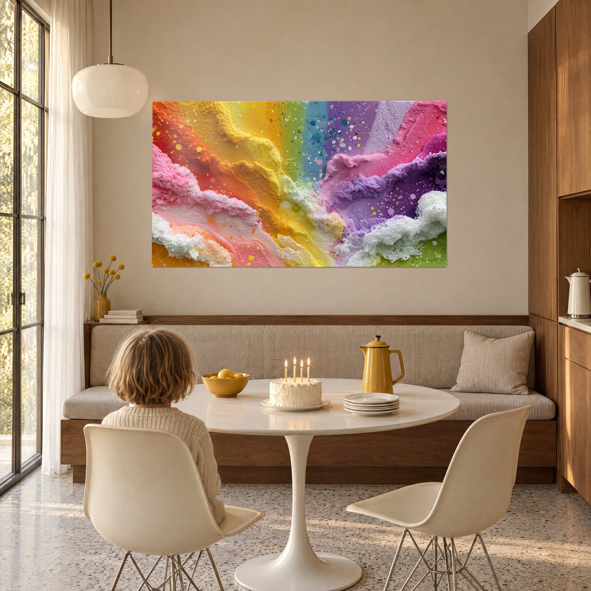 Quadro pittura materica a strisce arcobaleno, giallo burro e viola, schizzi di coriandoli, in una sala da pranzo luminosa