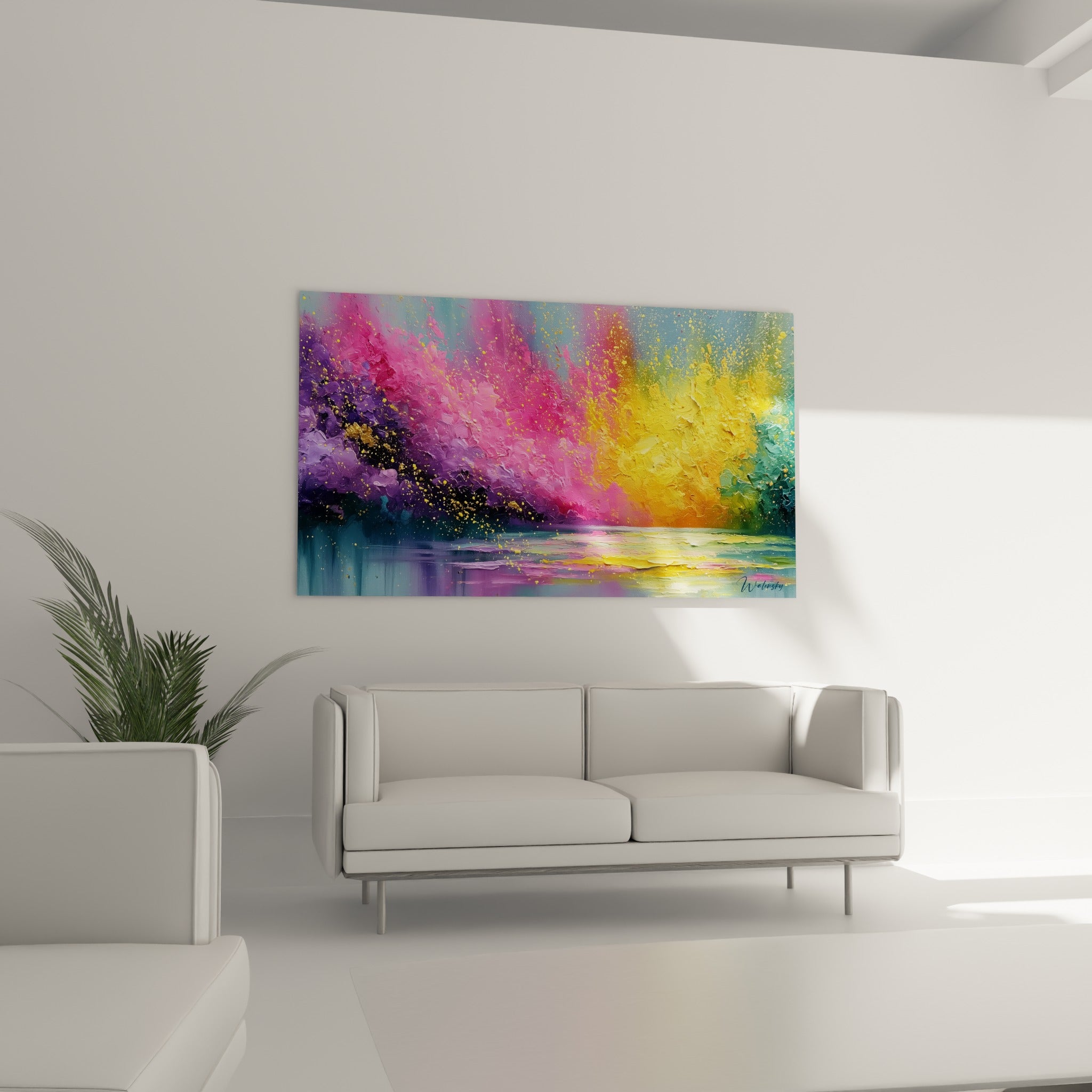 Nuances violettes et jaunes fusionnent dans cette toile suspendue au-dessus d'un canapé dans un salon lumineux