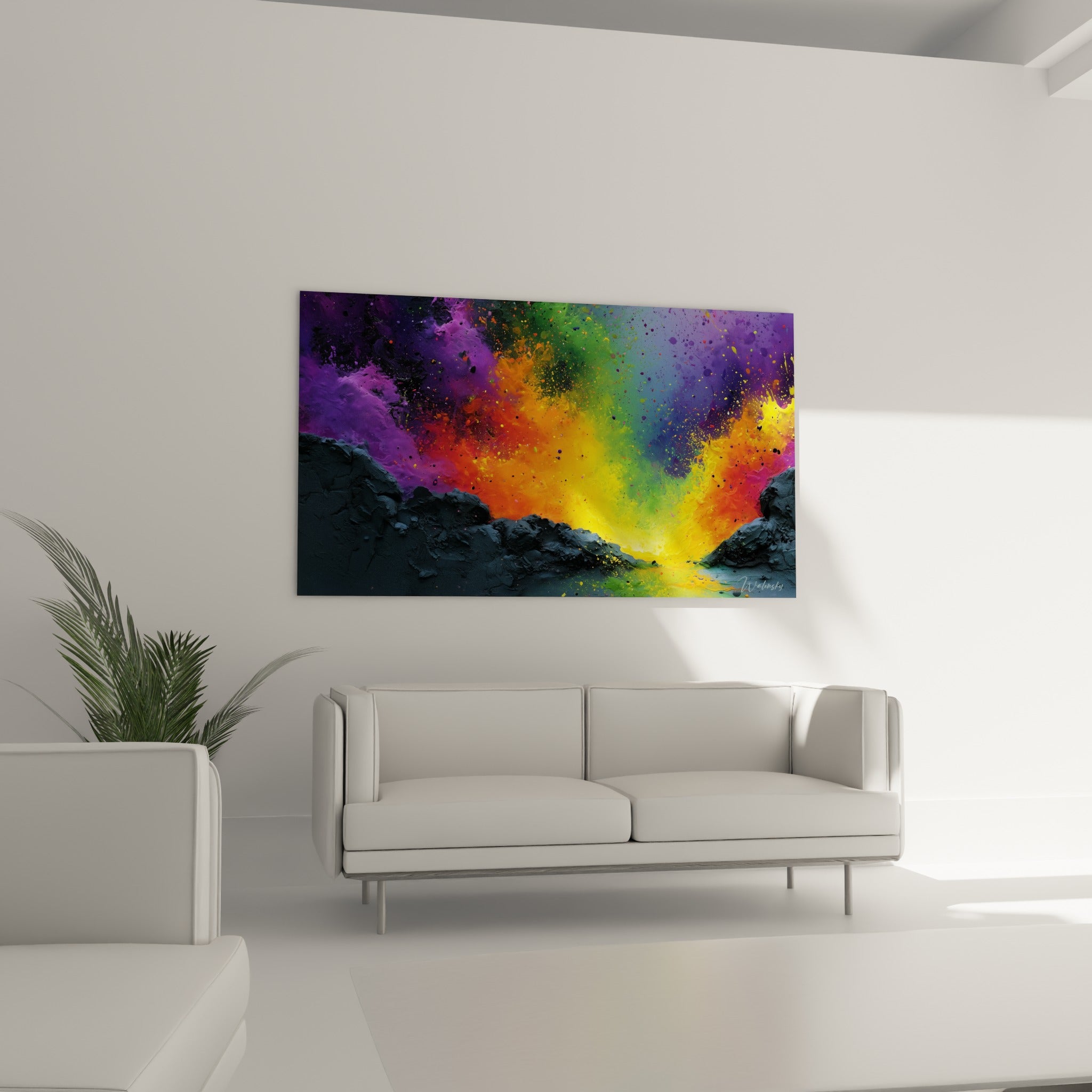Éclat orange et vert du tableau multicolore abstrait au-dessus d'un canapé dans un salon lumineux