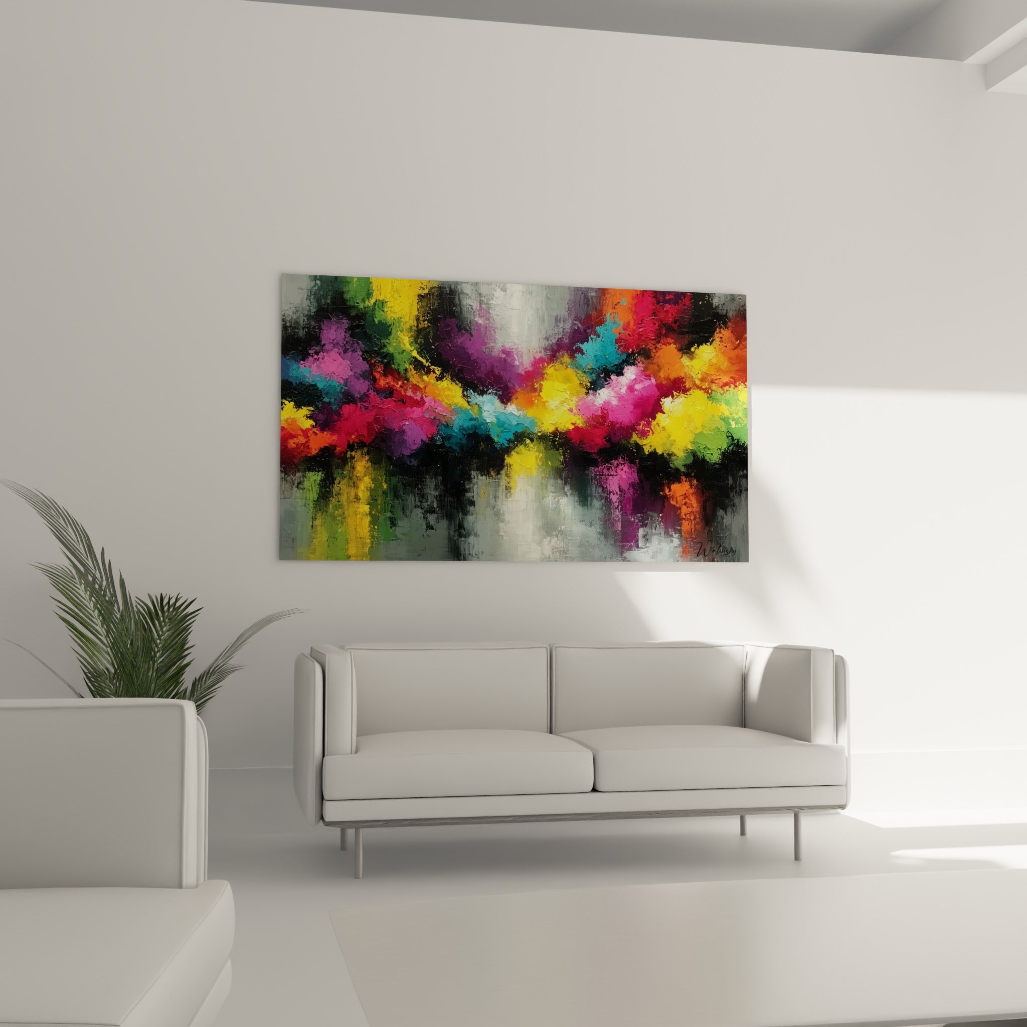 Touches orangées et violettes d'un tableau floral au-dessus d'un canapé dans un salon lumineux