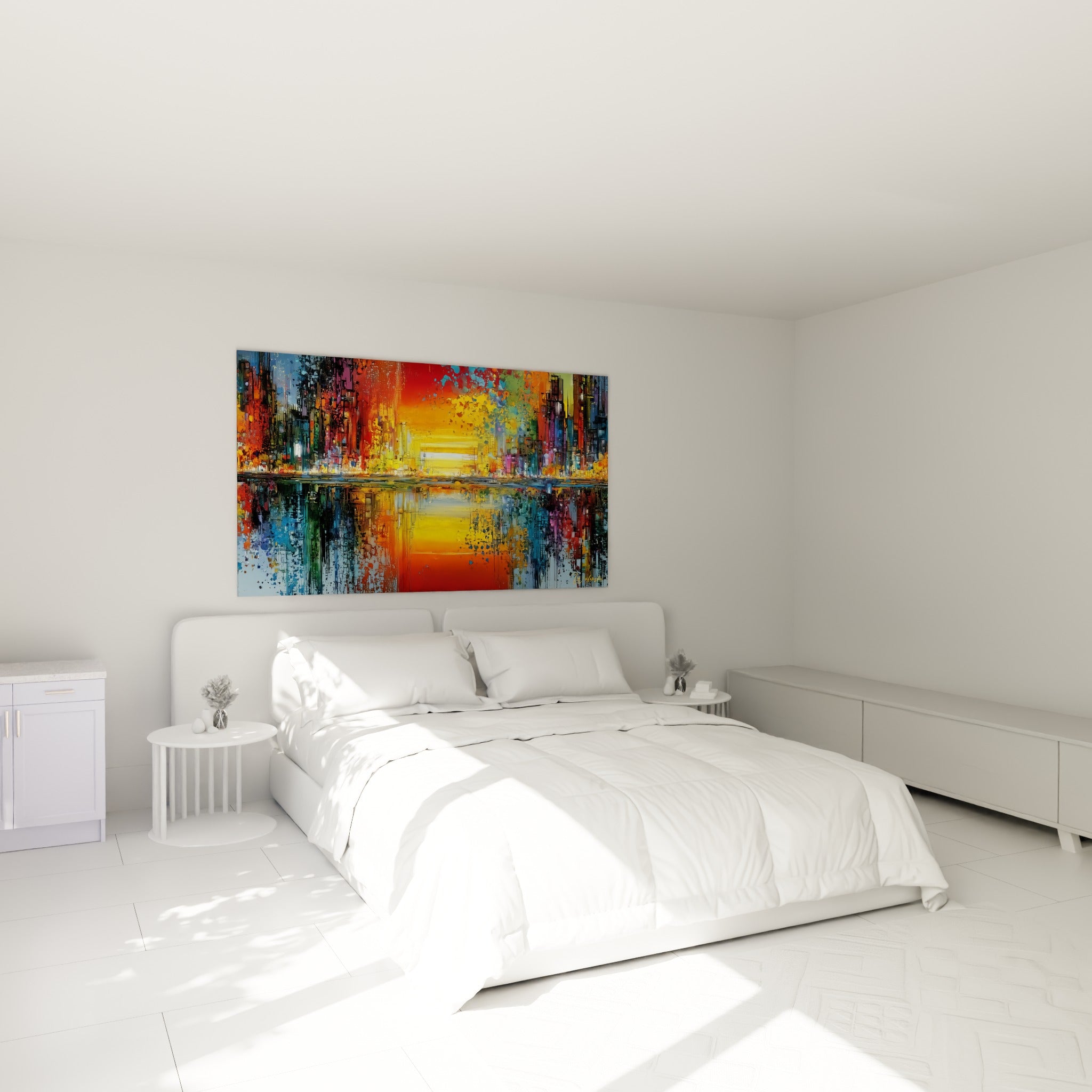 Ville colorée jaune et bleu marine avec reflet aquatique, accrochée au-dessus d'un lit dans une chambre claire