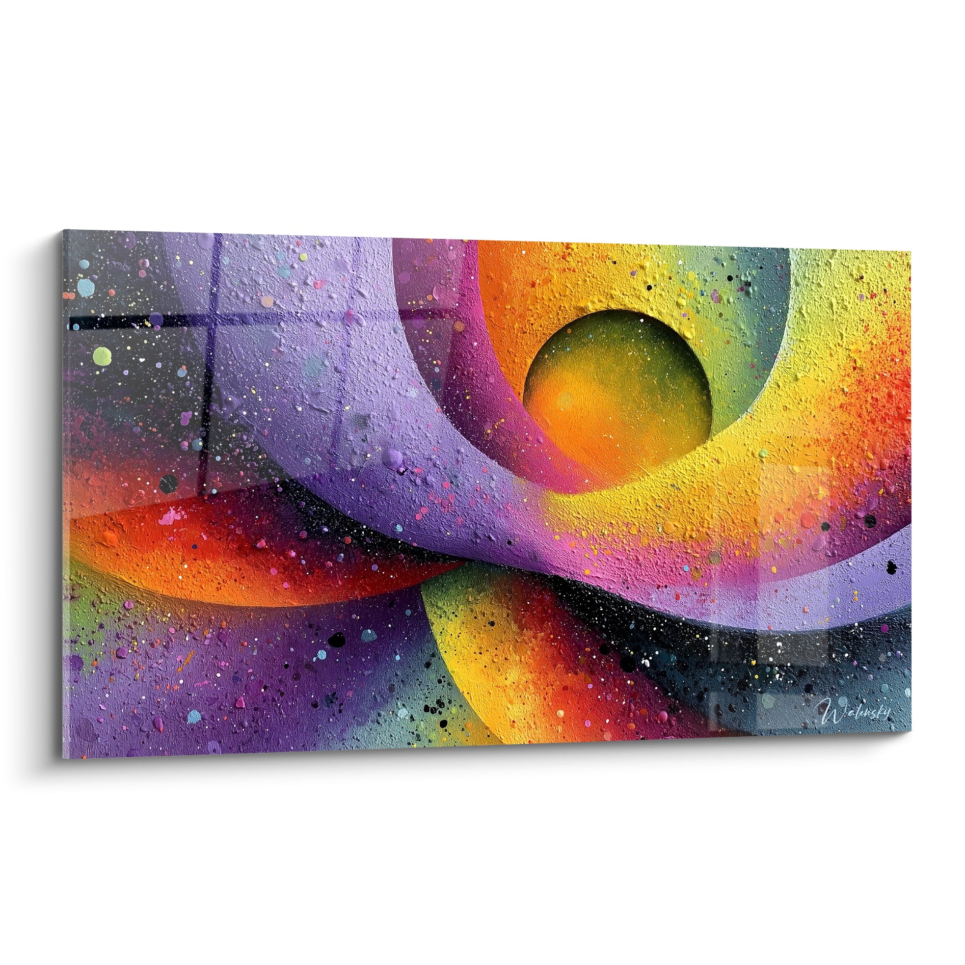 Sphère dorée entourée de courbes violettes et orangées, tableau Multicolore abstrait éclatant