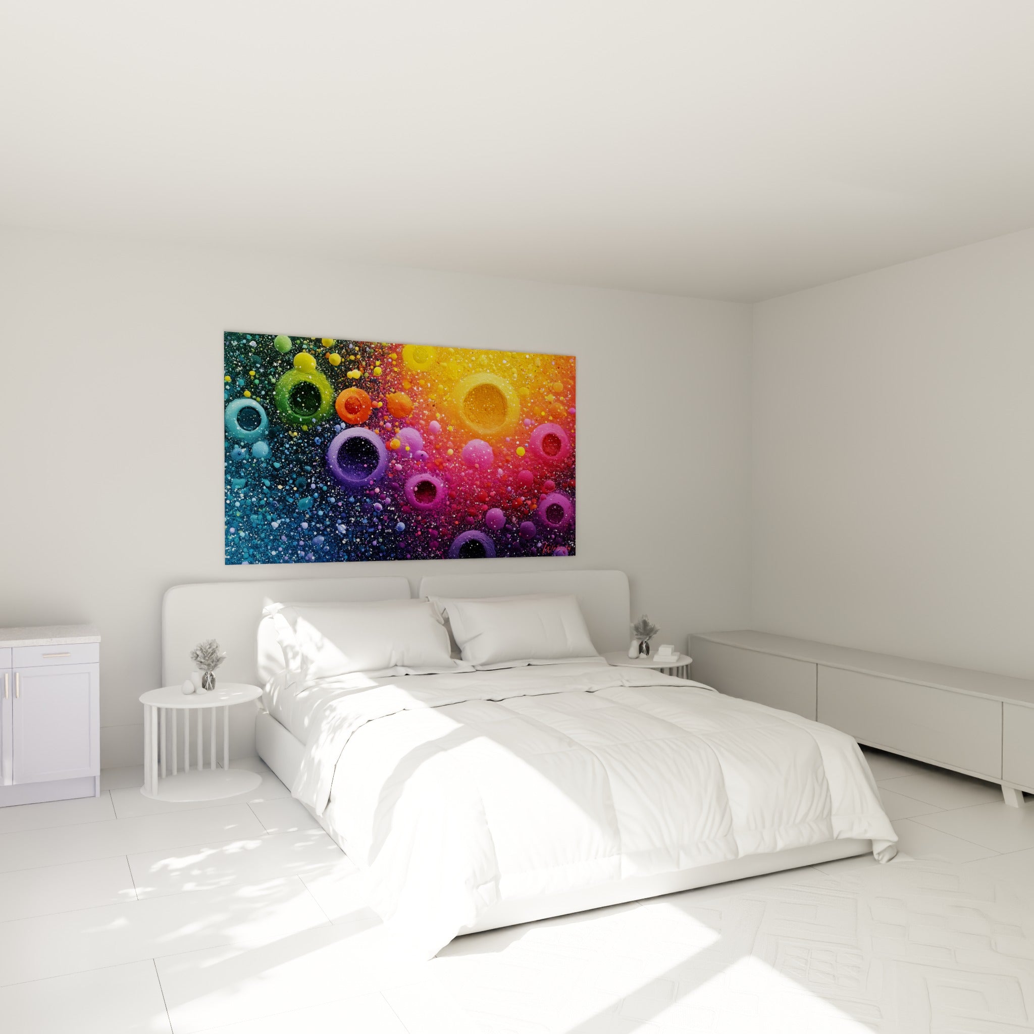 Bulles dorées et magenta texturées composant ce tableau abstrait au-dessus d'un lit dans une chambre claire