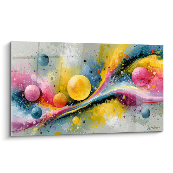 Tableau Sphères jaunes et roses en cascade - Danse céleste - Edition Multicolore abstrait