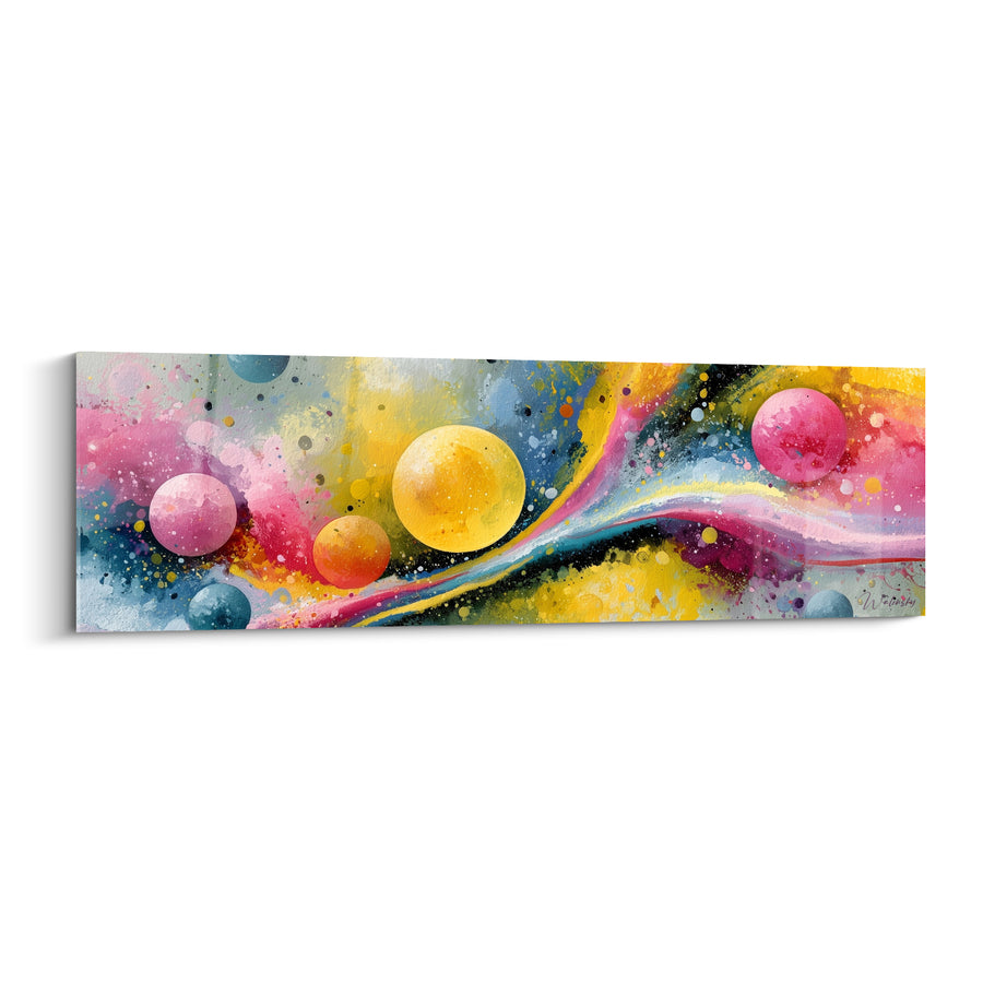 Tableau Sphères jaunes et roses sur ruban ondulant - Traînée lactée diagonale - Edition Multicolore abstrait