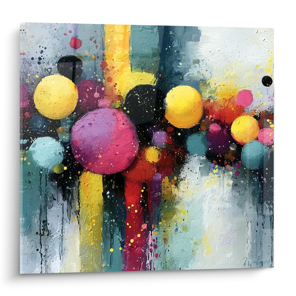 Sphères jaune moutarde et rose magenta éclaboussées de peinture sur fond turquoise et anthracite