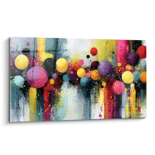 Tableau Sphères jaunes et roses aux coulures verticales - Rangée de bulles - Edition Multicolore abstrait